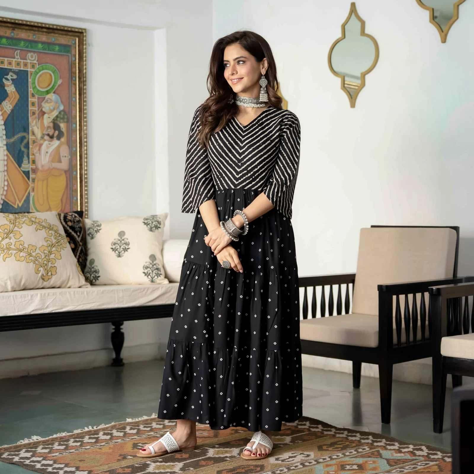 Black Bandhani & Stone Printed Tiered Dress with Flared Sleeves - Image 5
