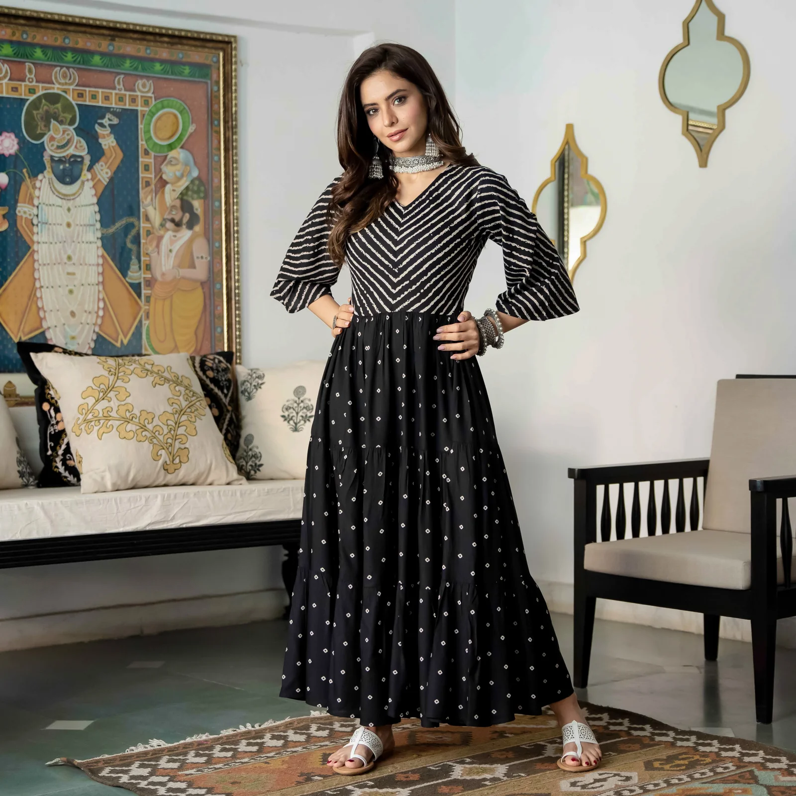 Black Bandhani & Stone Printed Tiered Dress with Flared Sleeves - Image 6
