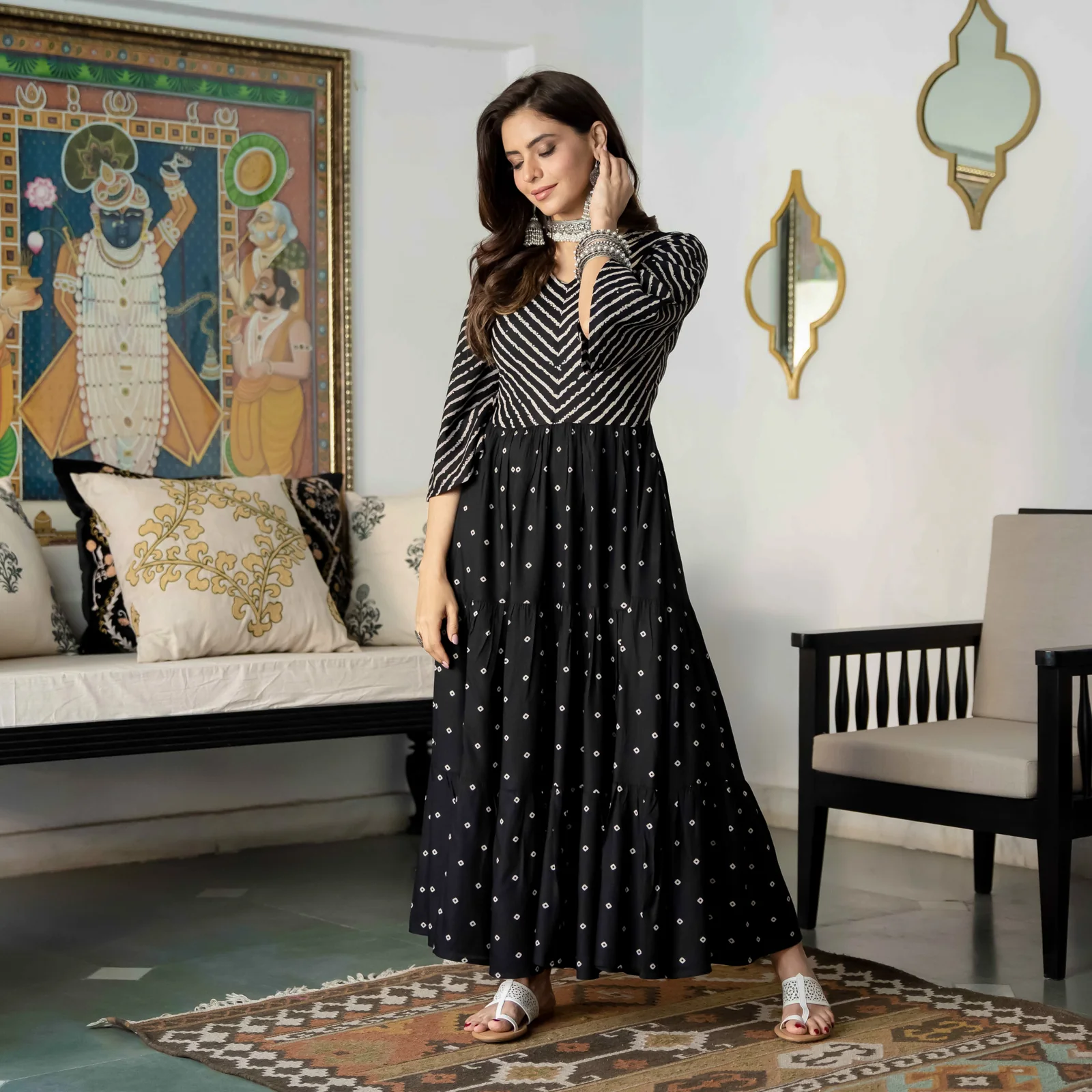 Black Bandhani & Stone Printed Tiered Dress with Flared Sleeves - Image 7