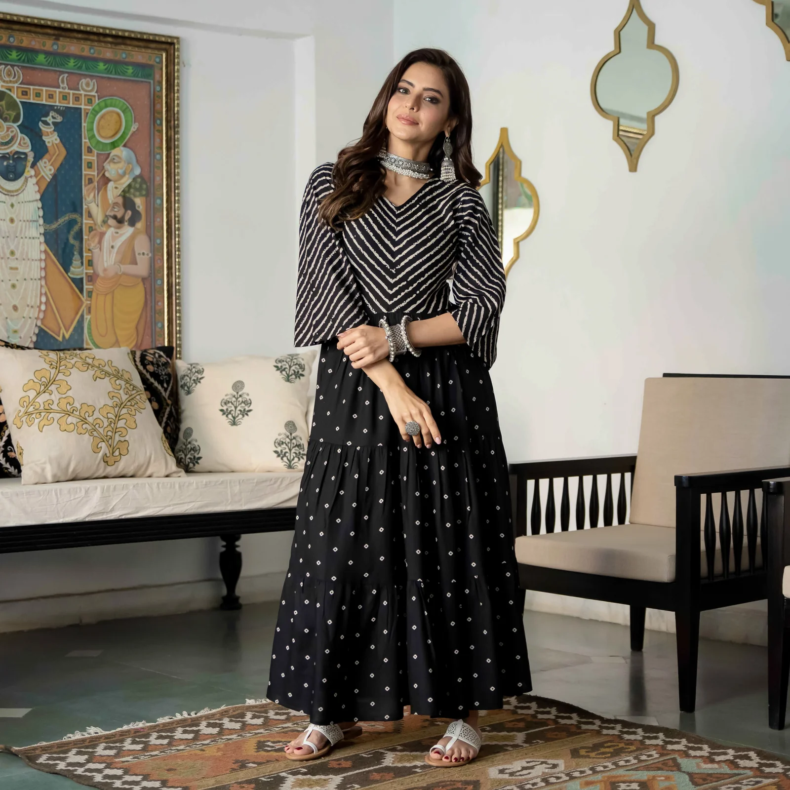 Black Bandhani & Stone Printed Tiered Dress with Flared Sleeves - Image 8