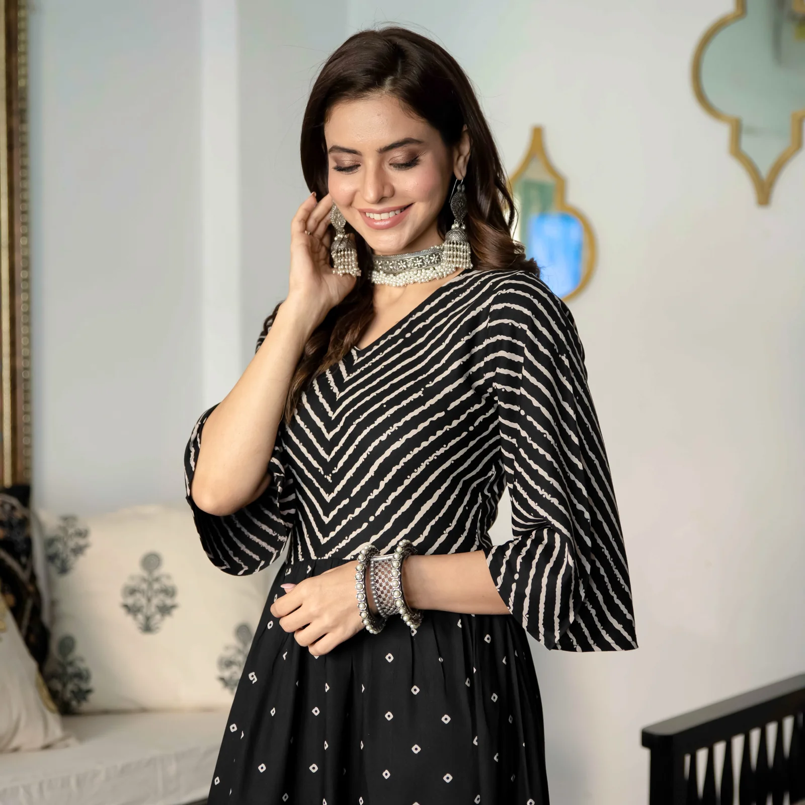 Black Bandhani & Stone Printed Tiered Dress with Flared Sleeves - Image 9