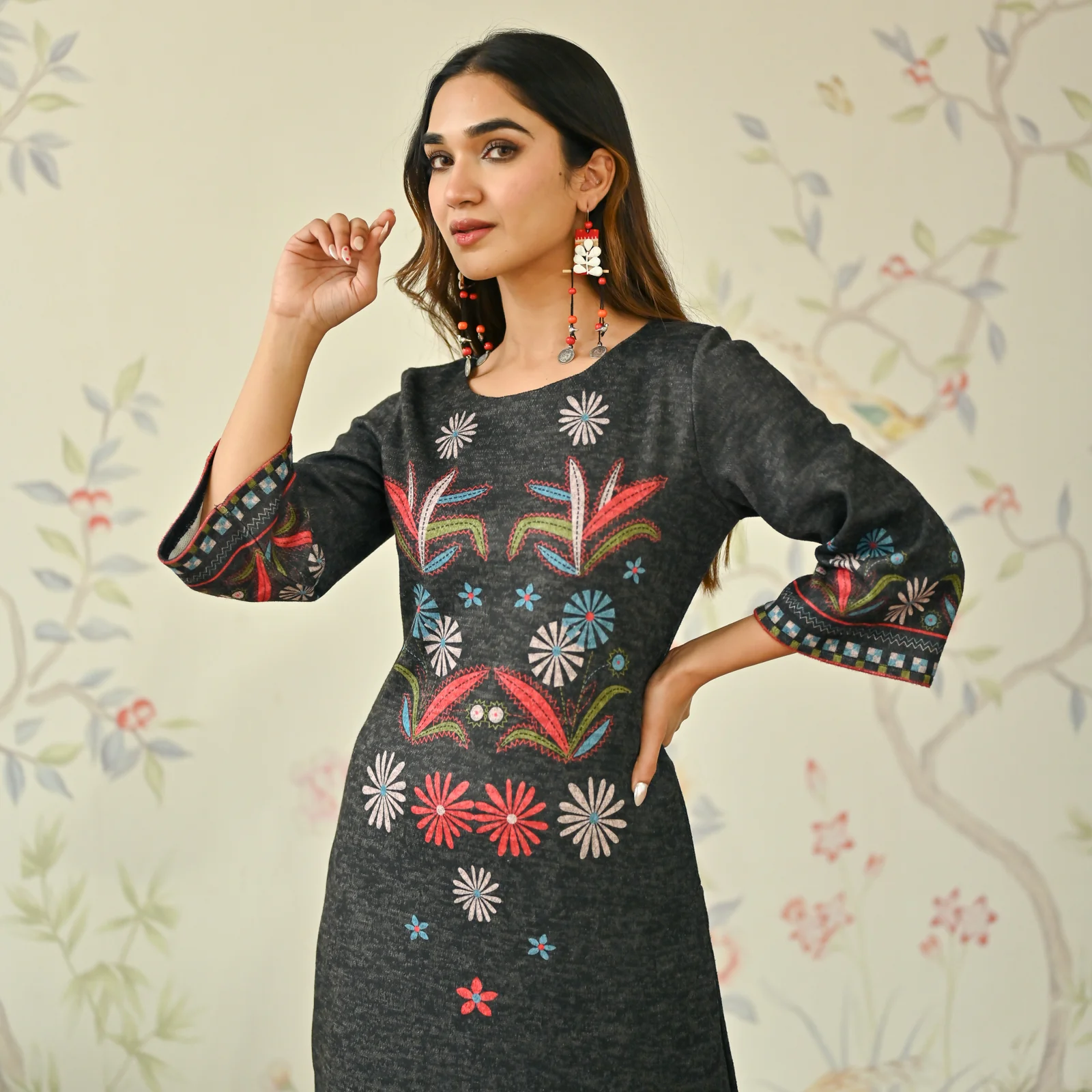 Black Tribal Woollen Kurta Set with Tassel Detailing - Image 2