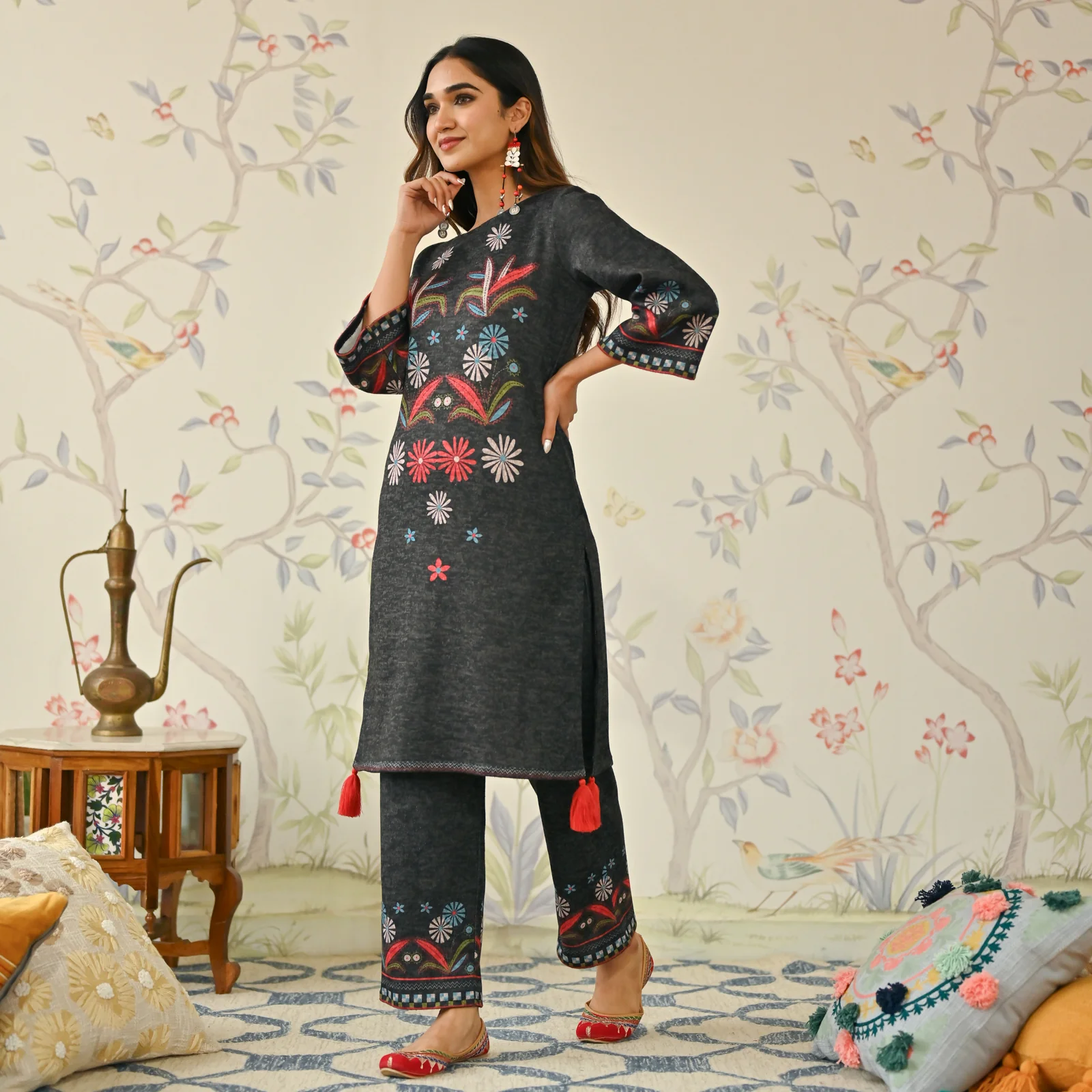 Black Tribal Woollen Kurta Set with Tassel Detailing - Image 3