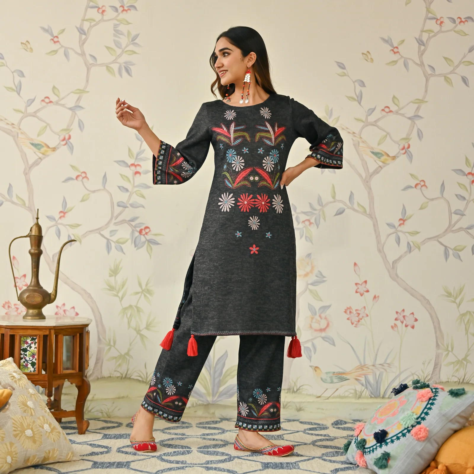 Black Tribal Woollen Kurta Set with Tassel Detailing - Image 5