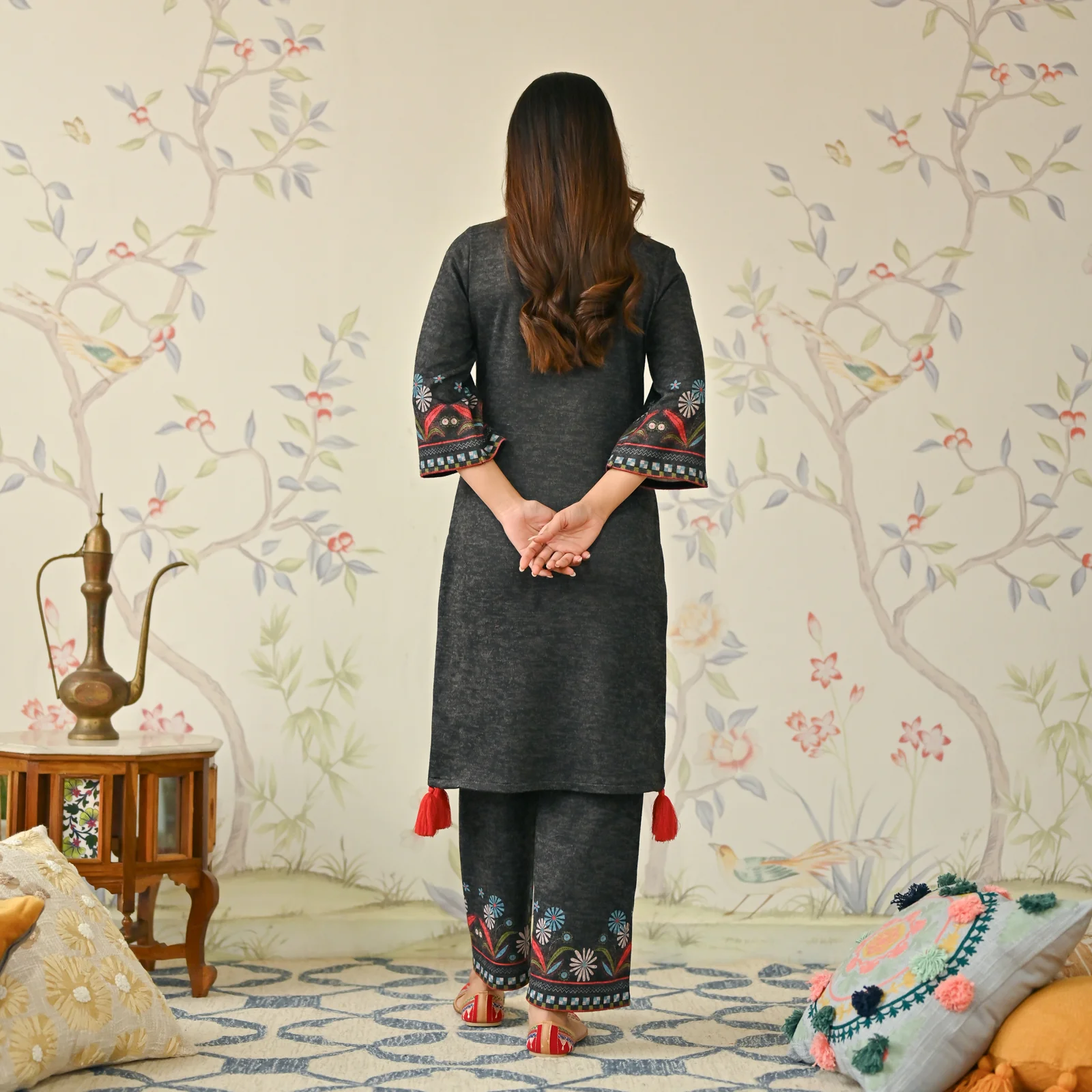 Black Tribal Woollen Kurta Set with Tassel Detailing - Image 6