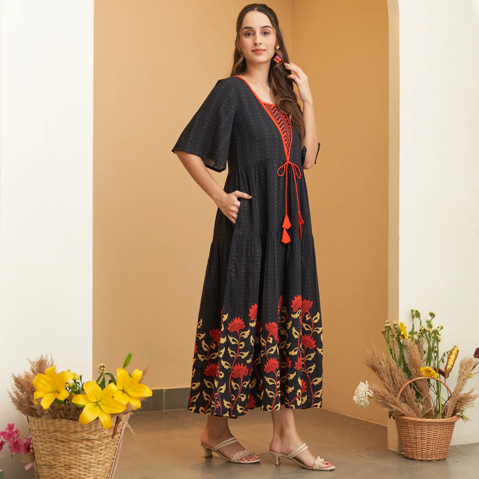 Black V Neck Floral Tiered Dress - Image 4