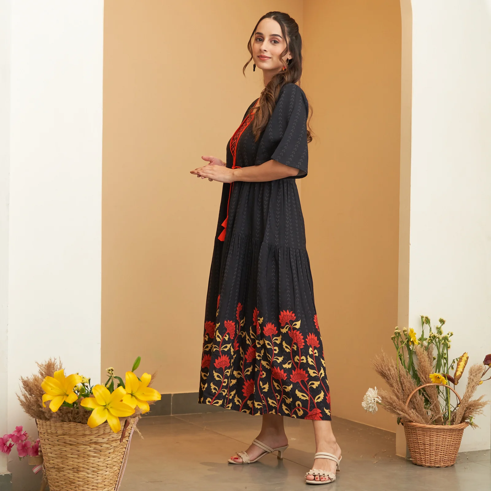 Black V Neck Floral Tiered Dress - Image 5