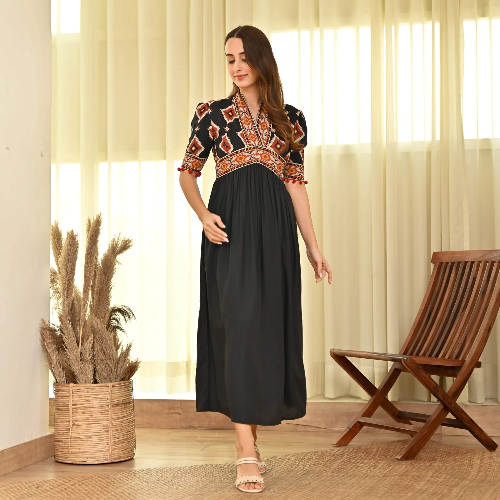 Black V Neck Gathered Dress with Puff Sleeves - Image 3