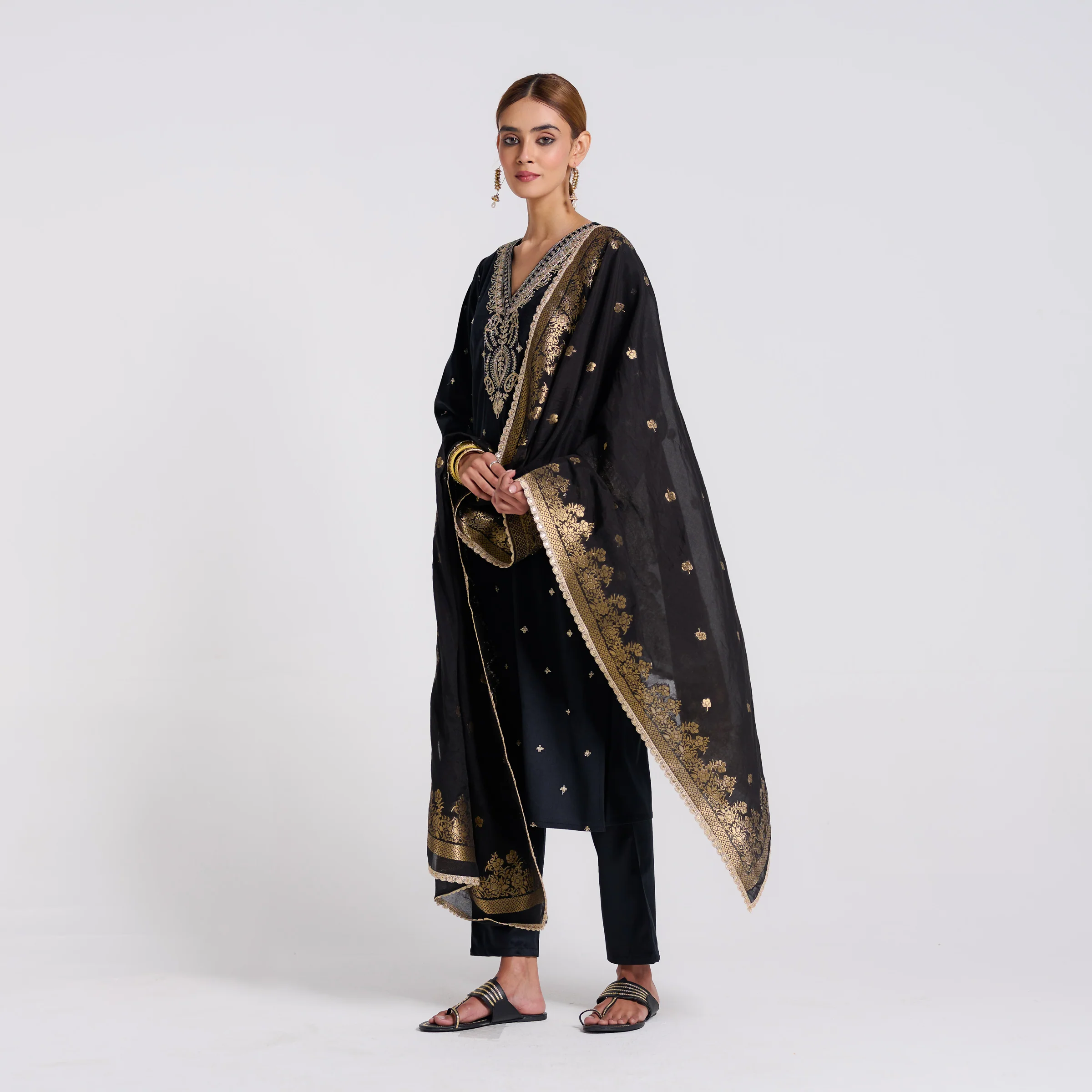 Black Varak Embroidered Velvet Set with Brocade Dupatta - Image 3