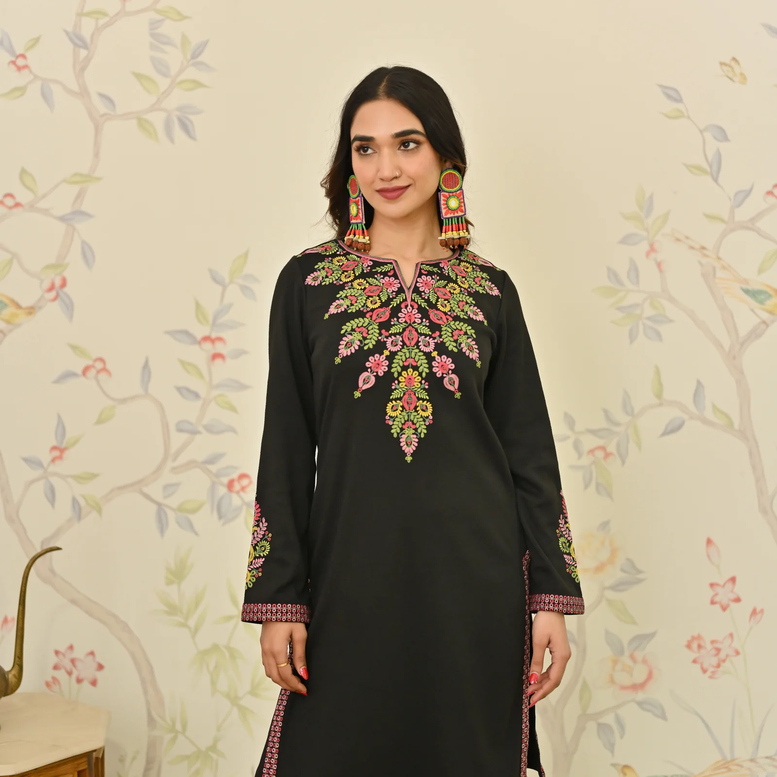 Black Woollen Aari Embroidered Floral Kurta Pant Set - Image 4