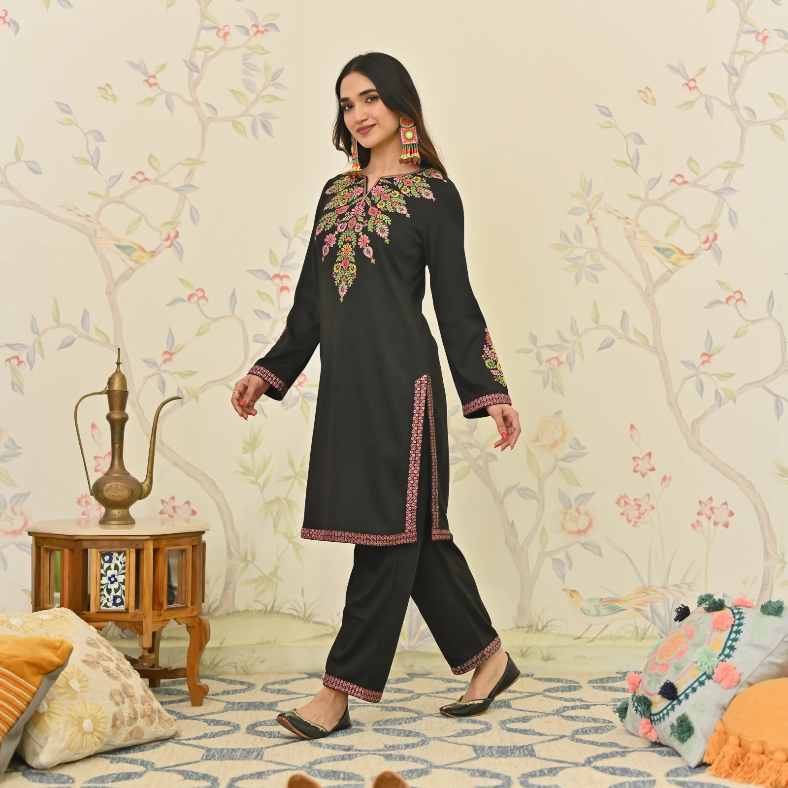 Black Woollen Aari Embroidered Floral Kurta Pant Set - Image 5