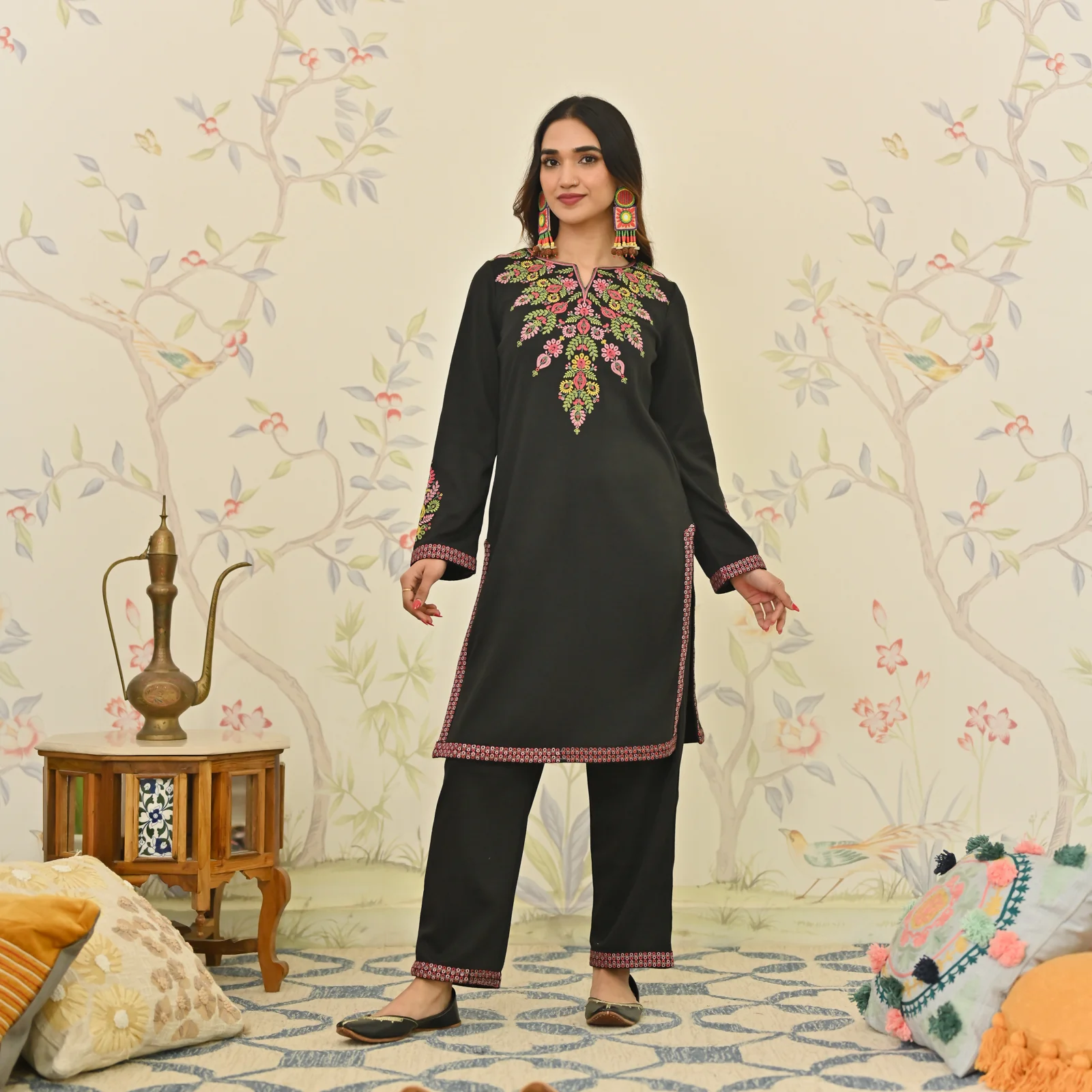 Black Woollen Aari Embroidered Floral Kurta Pant Set - Image 6