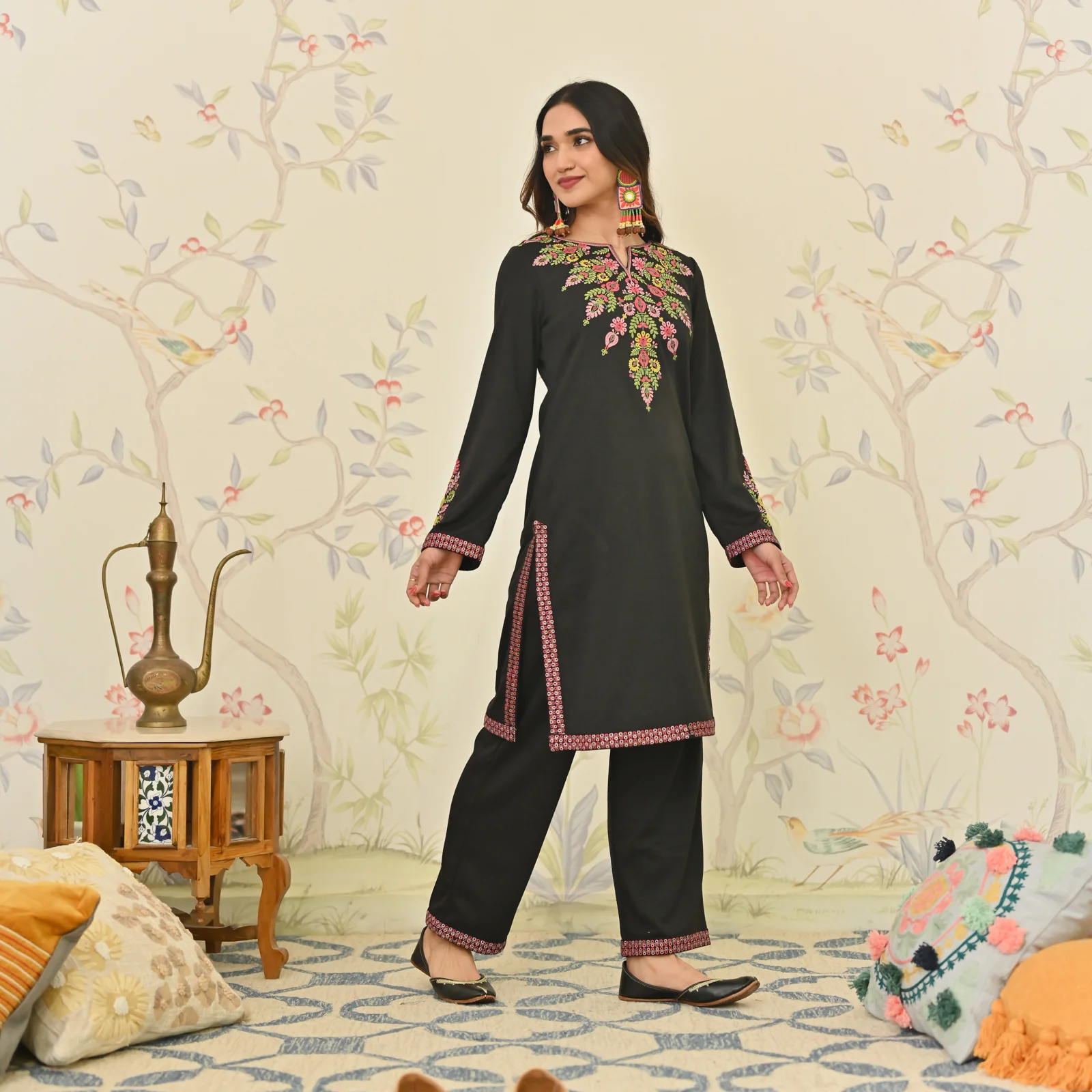 Black Woollen Aari Embroidered Floral Kurta Pant Set - Image 7