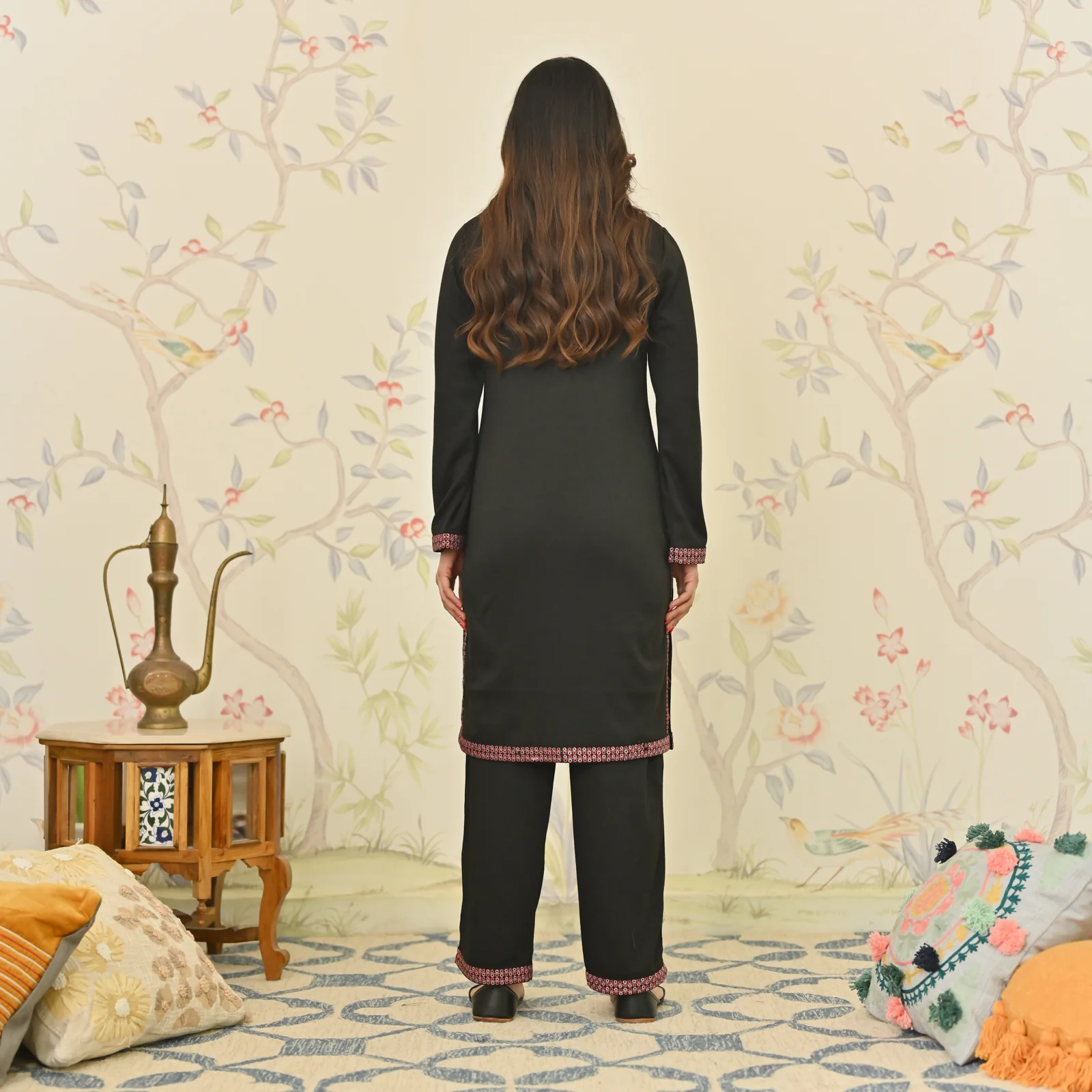 Black Woollen Aari Embroidered Floral Kurta Pant Set - Image 8
