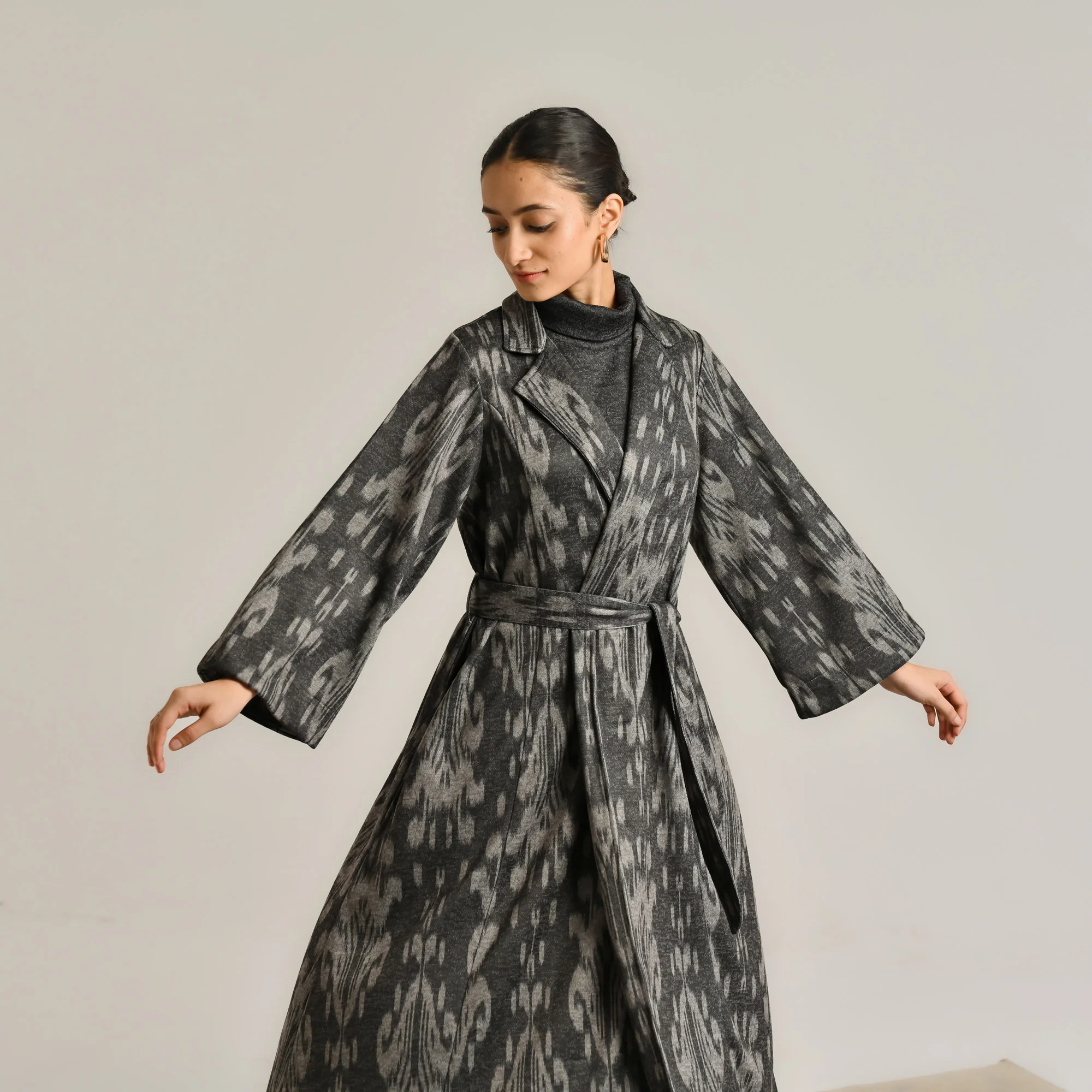 Black Woollen Statement Trench Coat with Belt Detail - Image 3