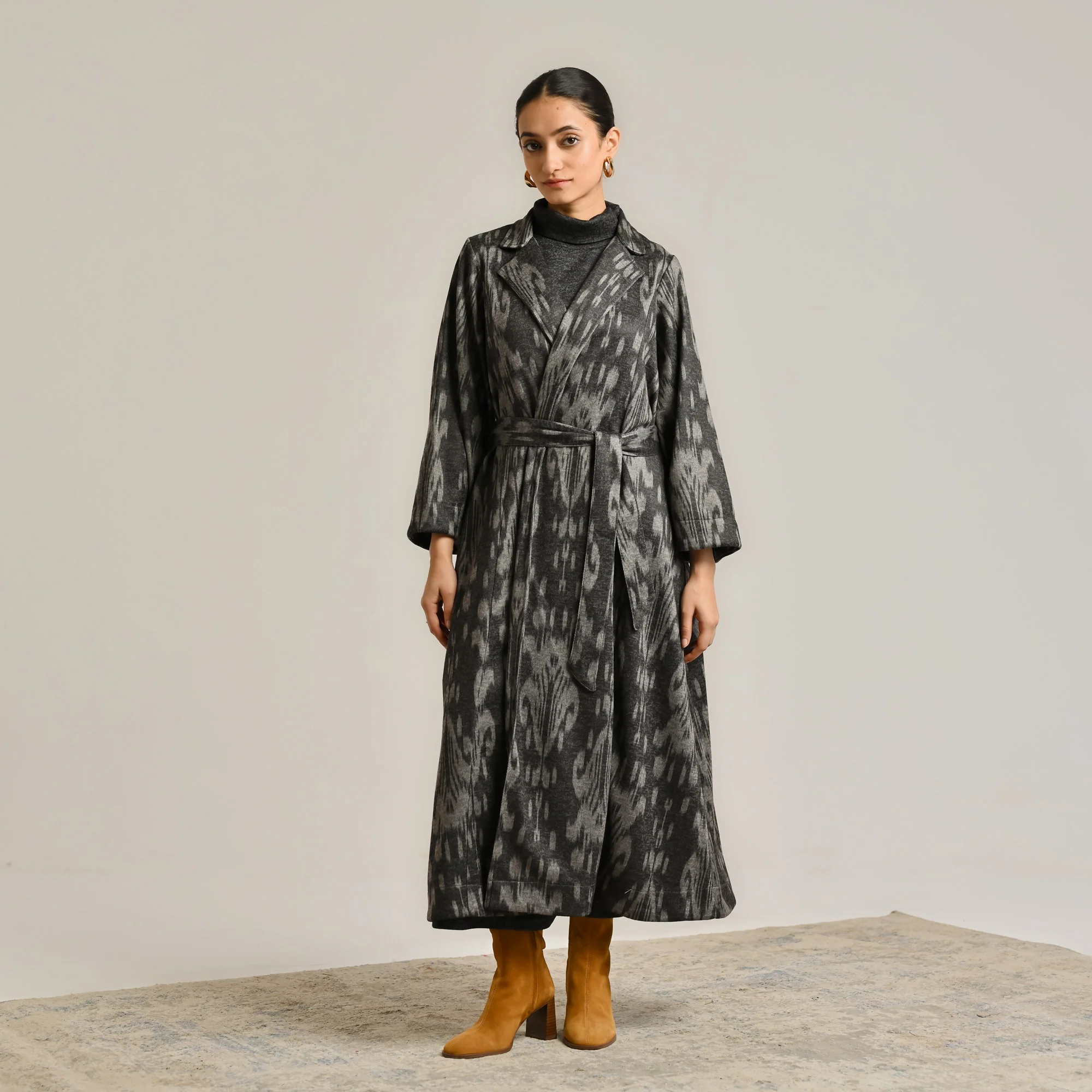 Black Woollen Statement Trench Coat with Belt Detail - Image 5