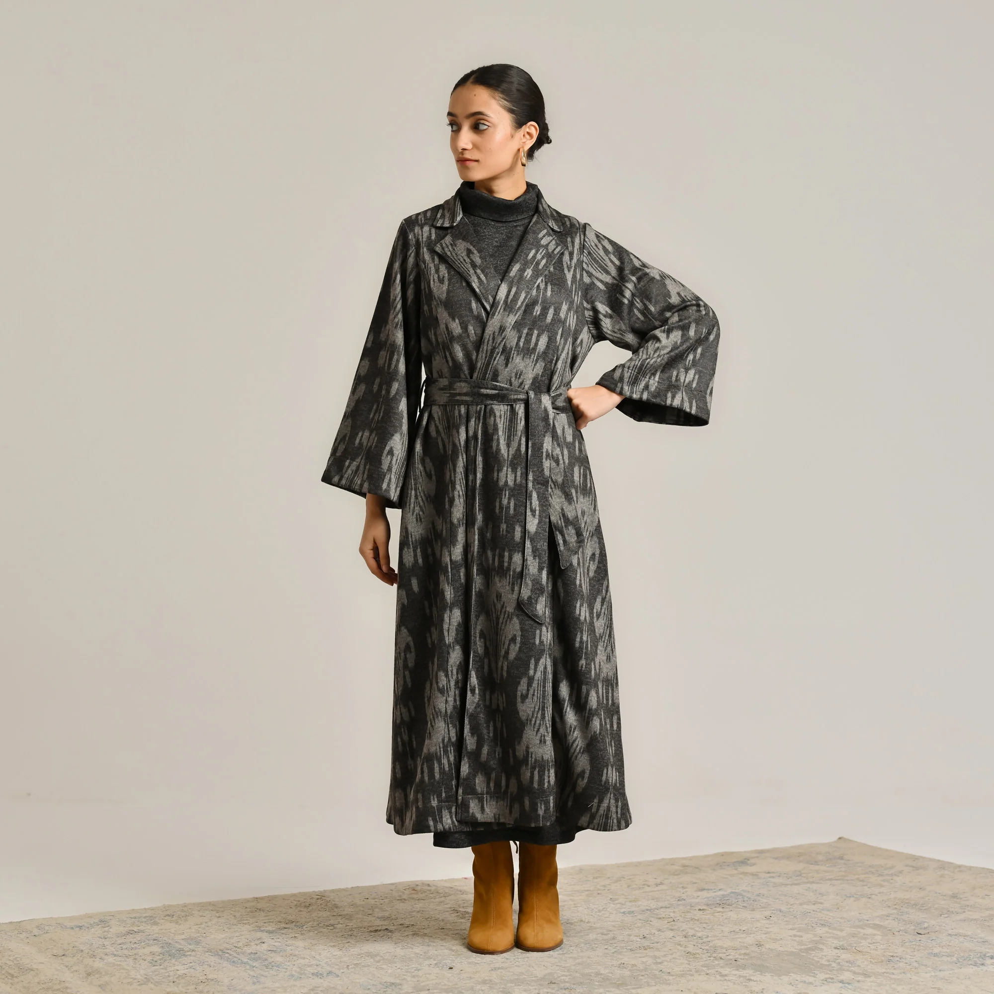 Black Woollen Statement Trench Coat with Belt Detail - Image 6