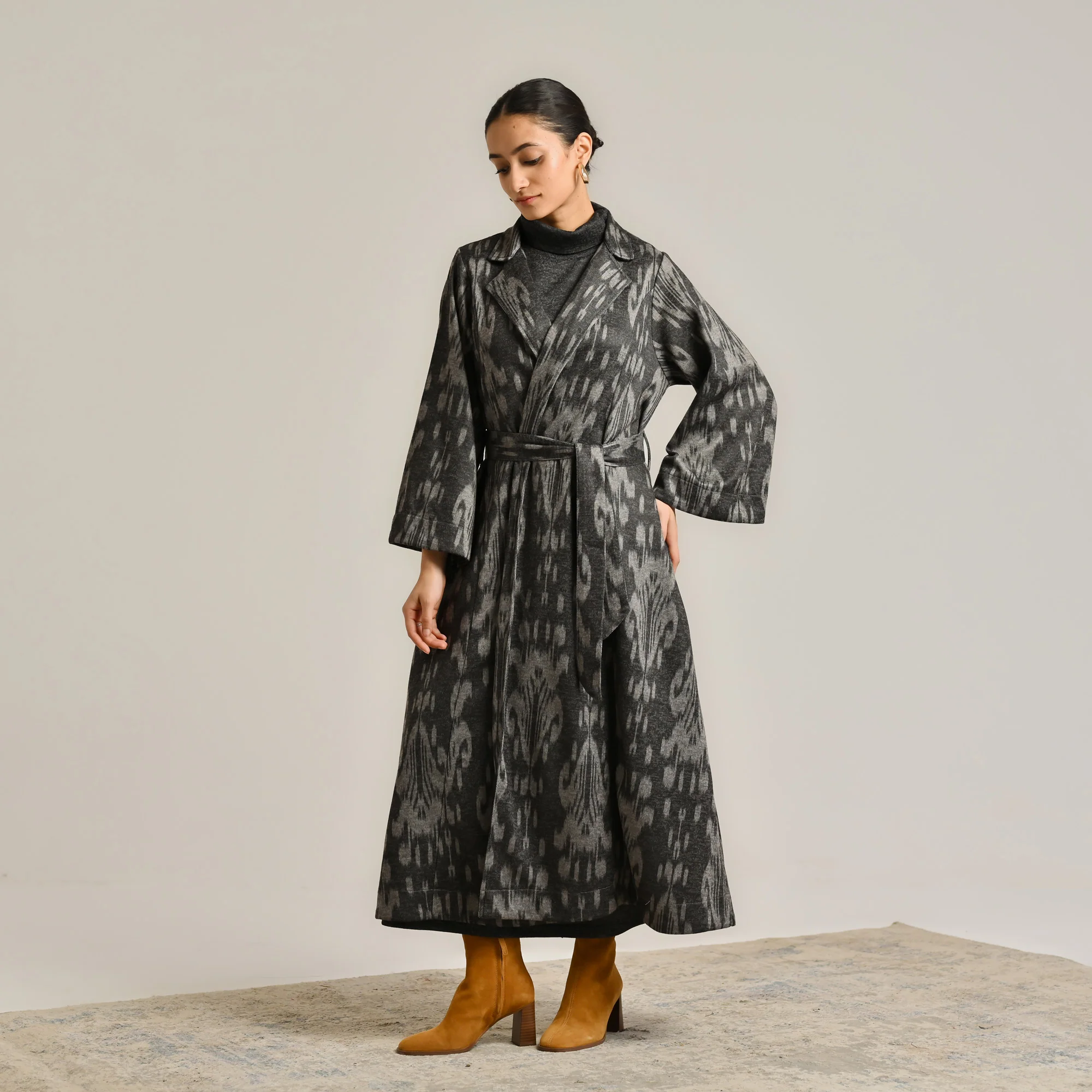 Black Woollen Statement Trench Coat with Belt Detail - Image 7