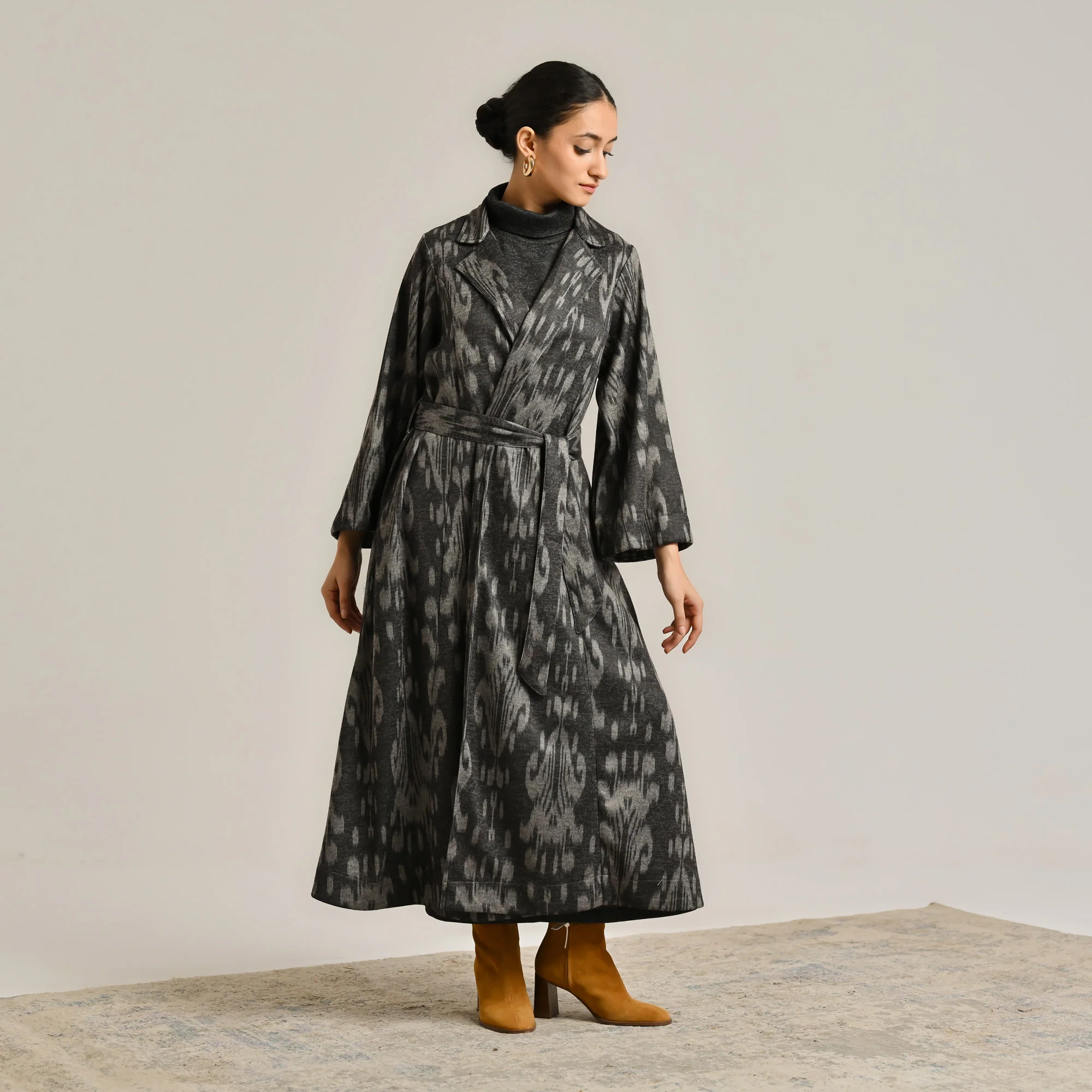 Black Woollen Statement Trench Coat with Belt Detail - Image 8
