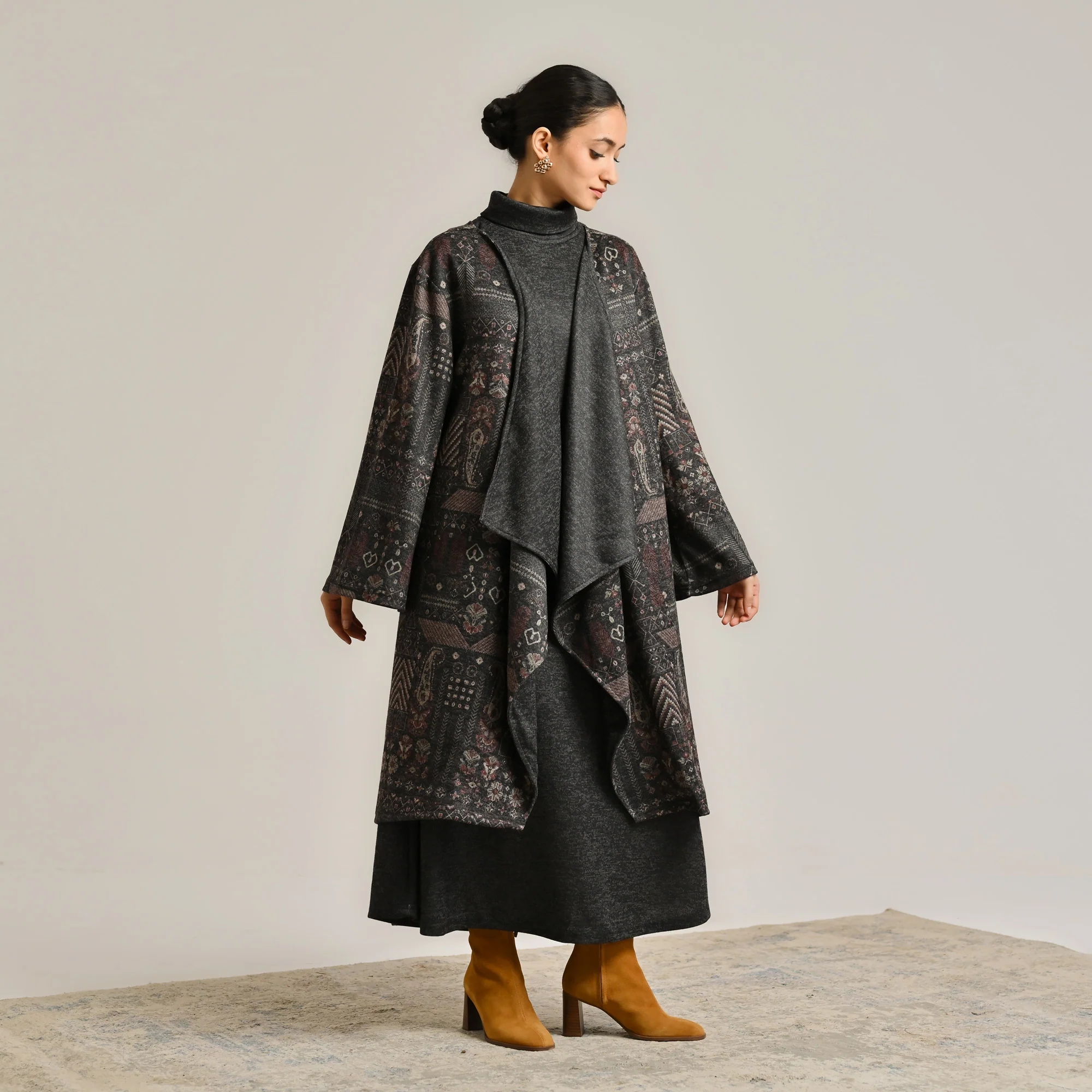 Black Woollen Winter Dress with Shrug - Image 3