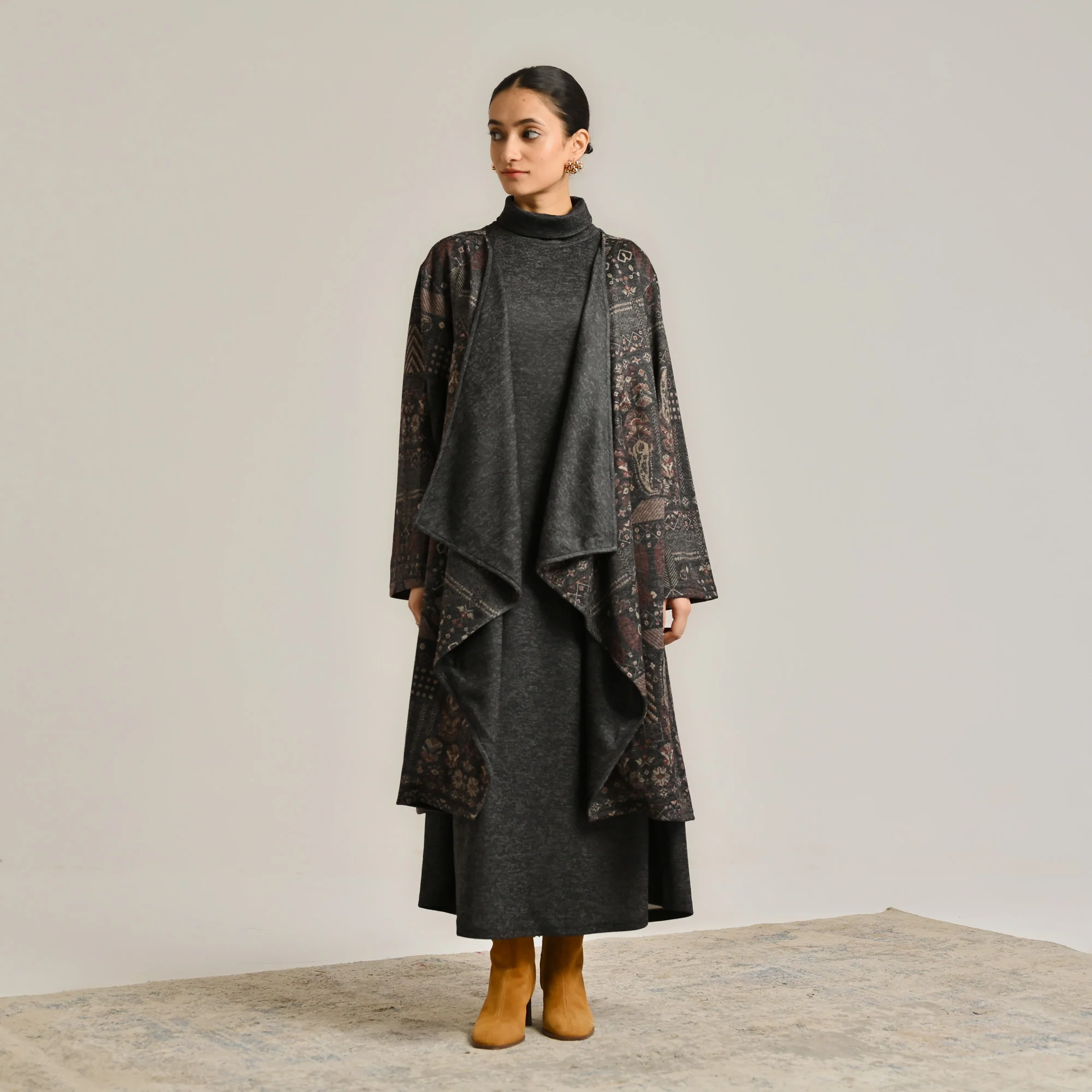 Black Woollen Winter Dress with Shrug - Image 4