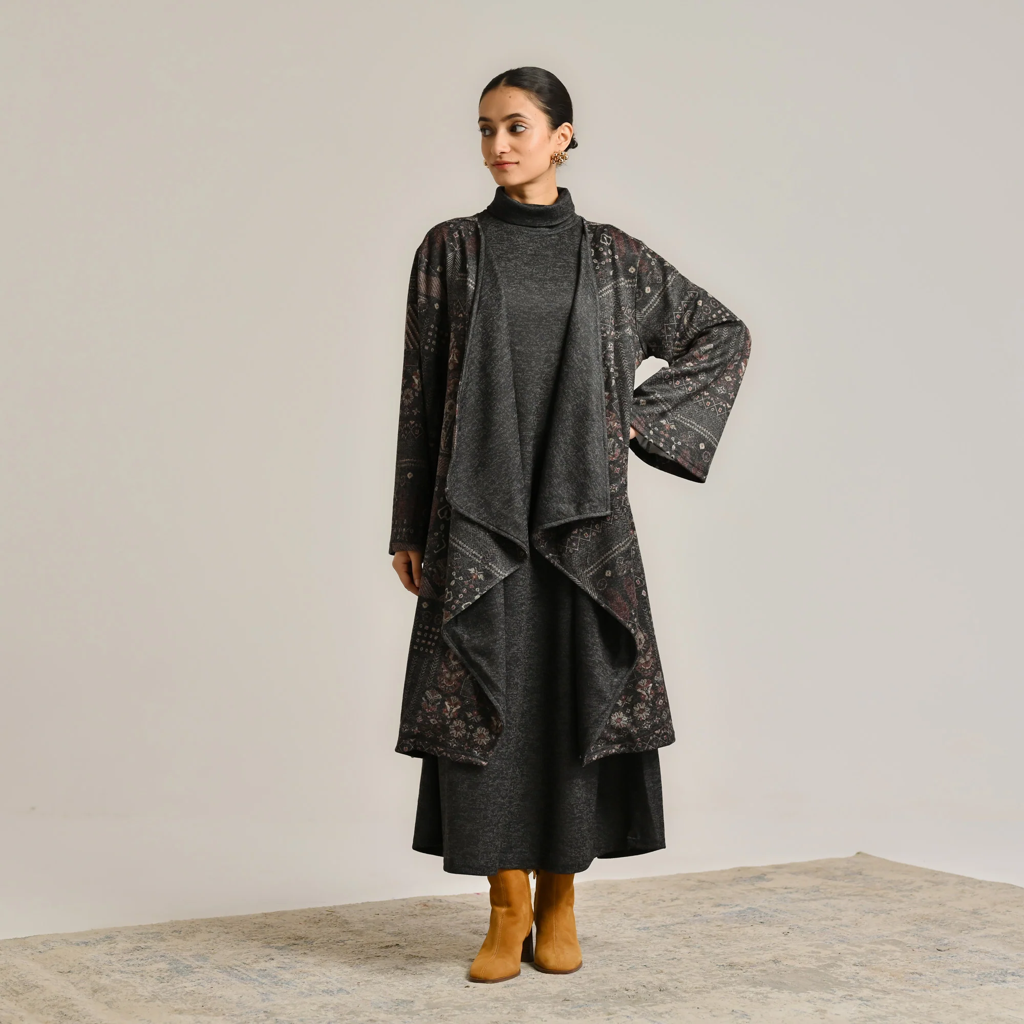 Black Woollen Winter Dress with Shrug - Image 5