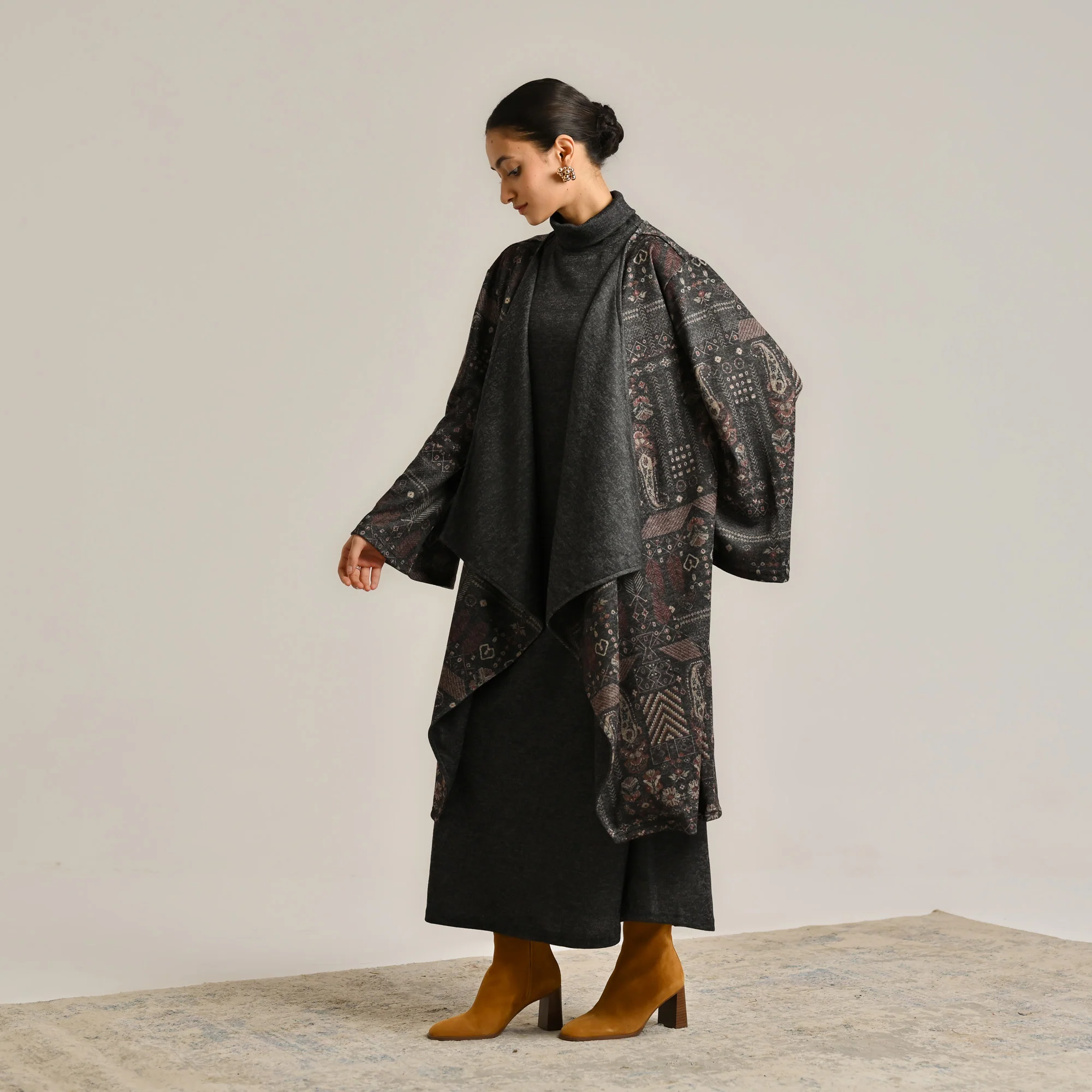 Black Woollen Winter Dress with Shrug - Image 7