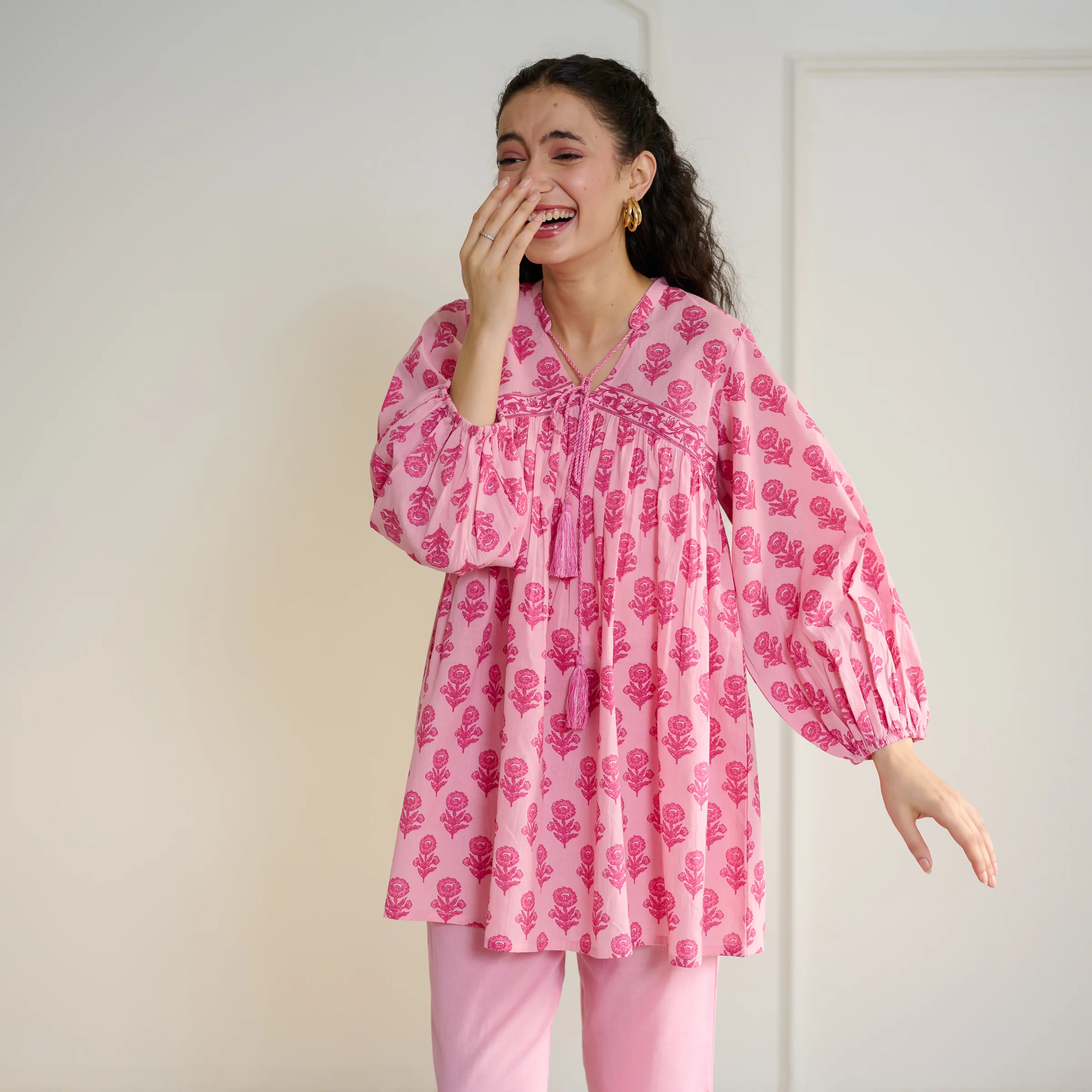 Blossom Sanganeri Inspired Co-ord Set with Tie-up Neckline - Baby Pink - Image 3