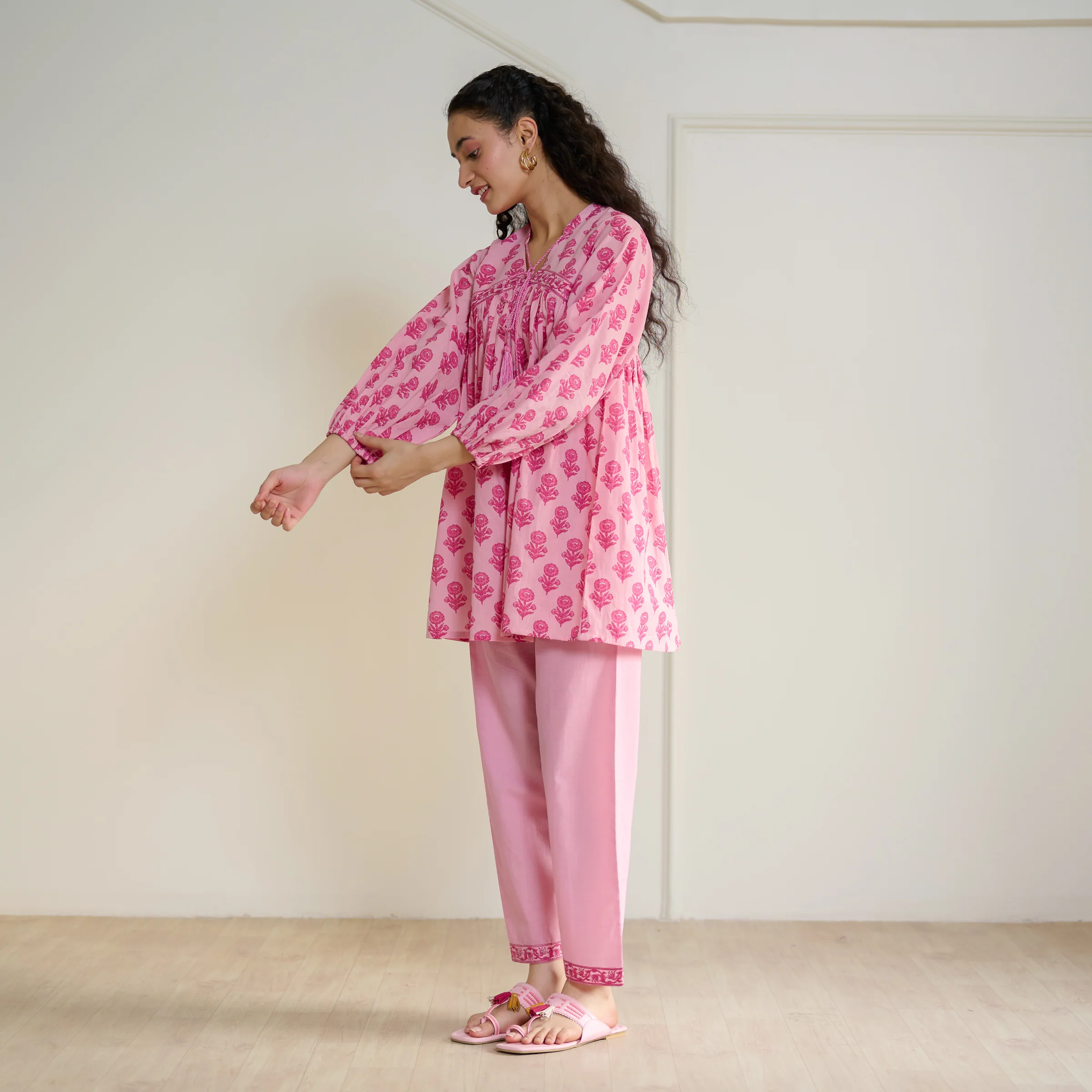 Blossom Sanganeri Inspired Co-ord Set with Tie-up Neckline - Baby Pink - Image 4