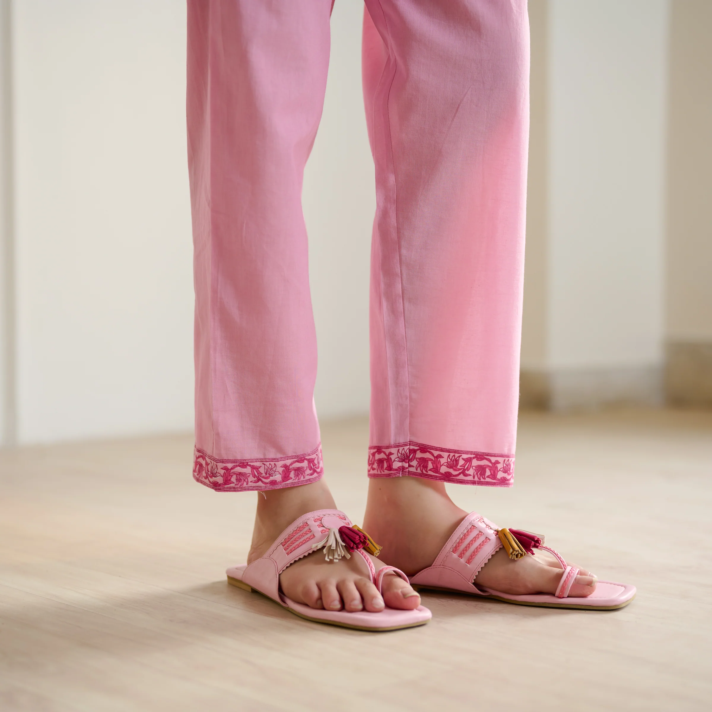 Blossom Sanganeri Inspired Co-ord Set with Tie-up Neckline - Baby Pink - Image 5