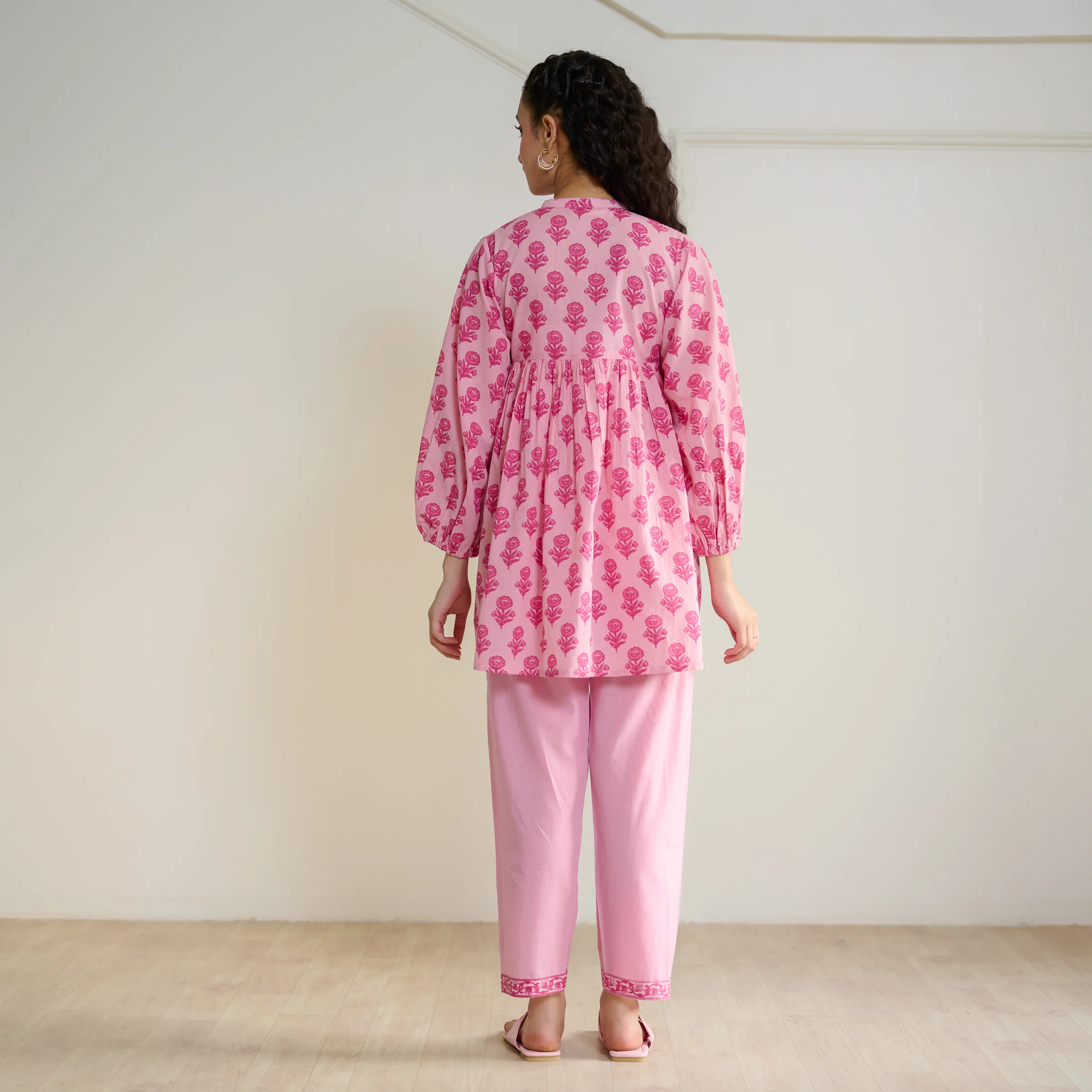 Blossom Sanganeri Inspired Co-ord Set with Tie-up Neckline - Baby Pink - Image 6
