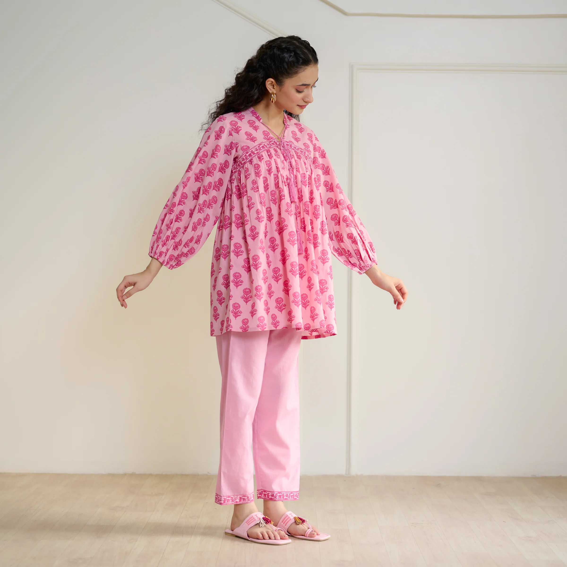 Blossom Sanganeri Inspired Co-ord Set with Tie-up Neckline - Baby Pink - Image 7
