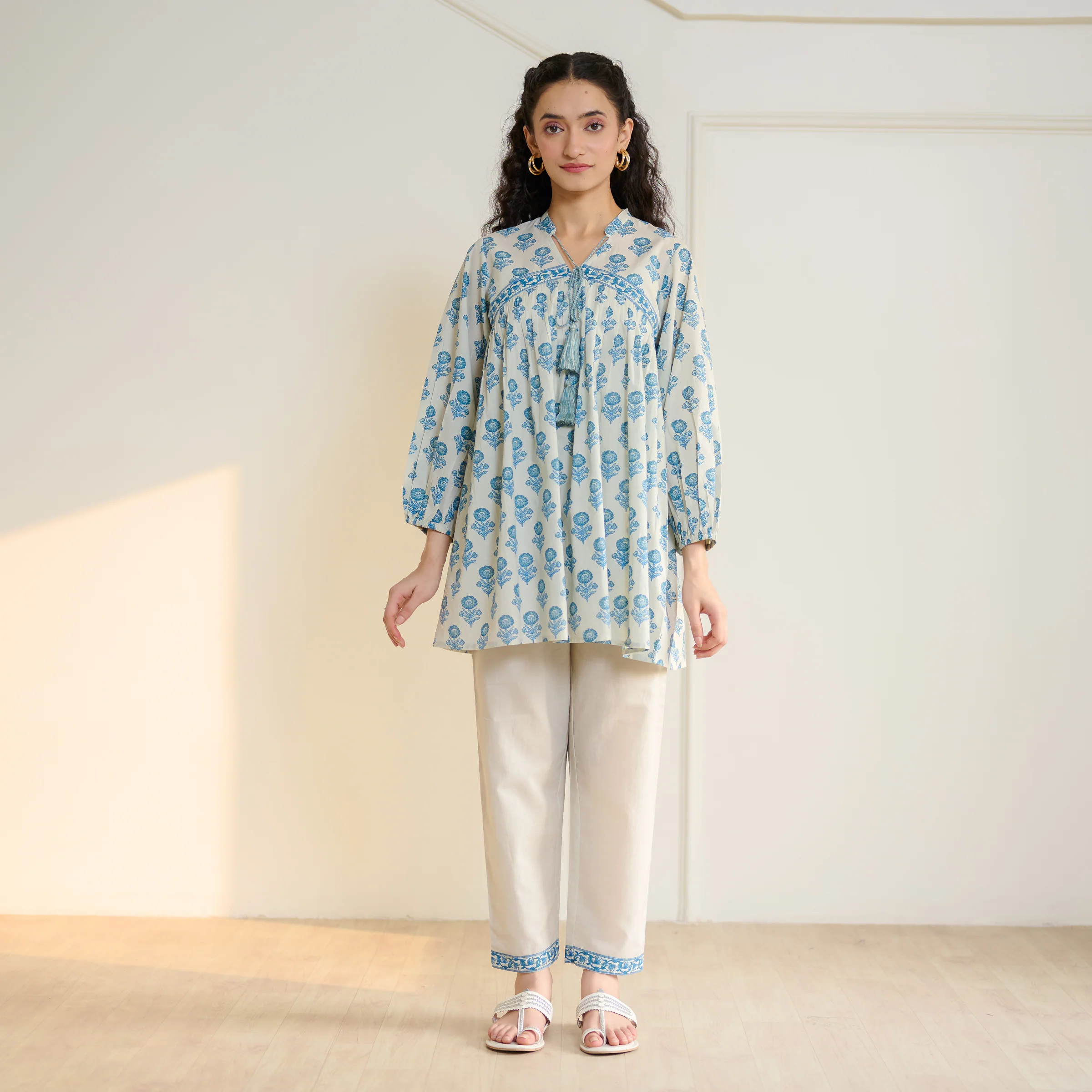 Blossom Sanganeri Inspired Co-ord Set with Tie-up Neckline - Beige - Image 3