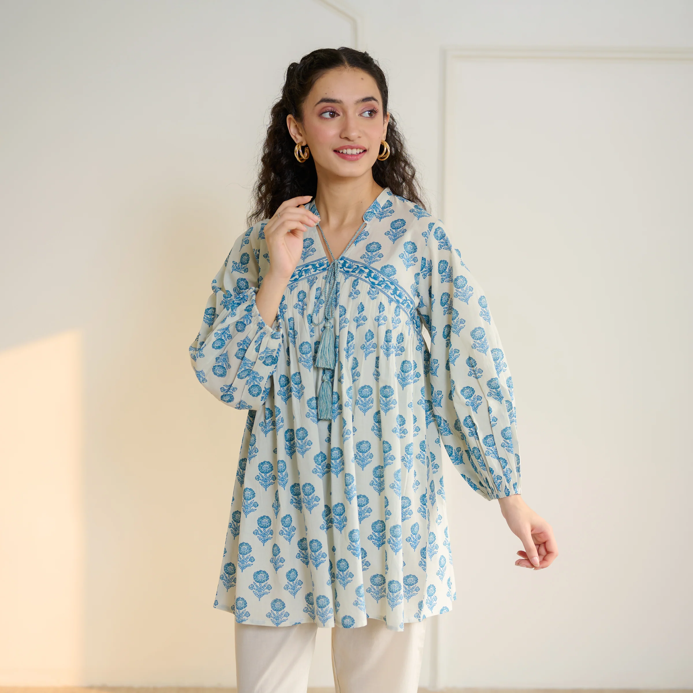 Blossom Sanganeri Inspired Co-ord Set with Tie-up Neckline - Beige - Image 4