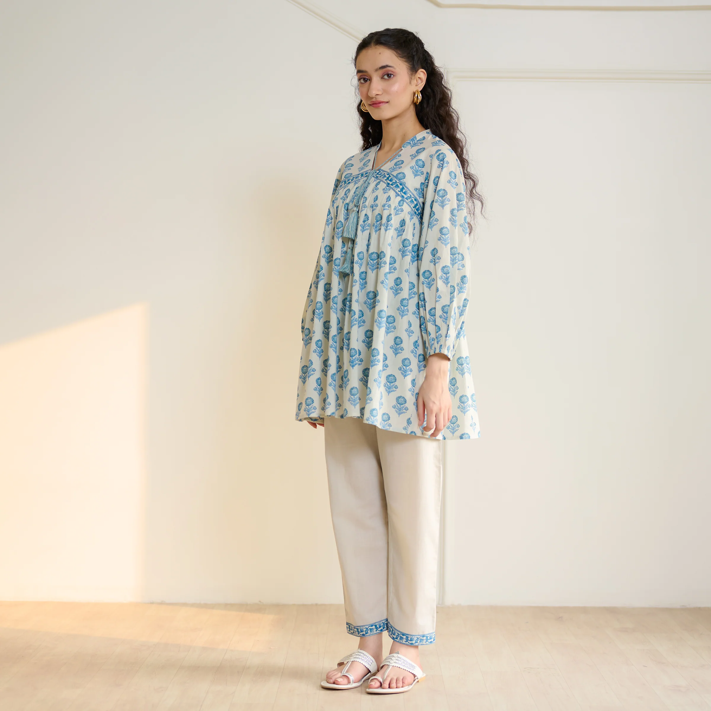 Blossom Sanganeri Inspired Co-ord Set with Tie-up Neckline - Beige - Image 7