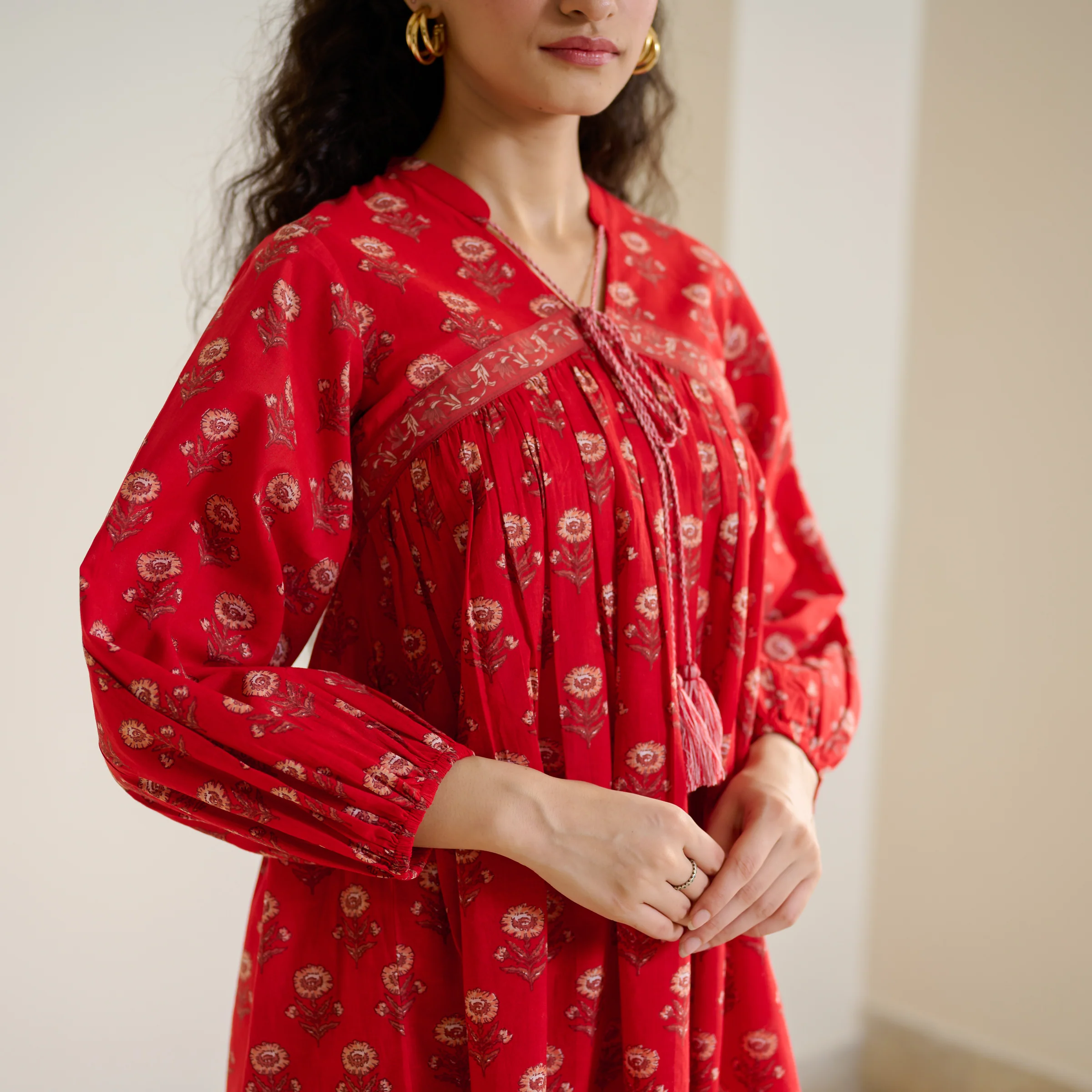 Blossom Sanganeri Inspired Co-ord Set with Tie-up Neckline - Cherry Red - Image 2