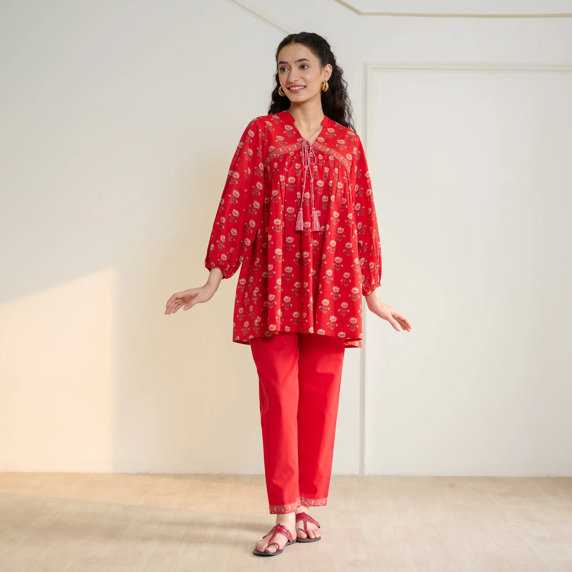 Blossom Sanganeri Inspired Co-ord Set with Tie-up Neckline - Cherry Red - Image 3