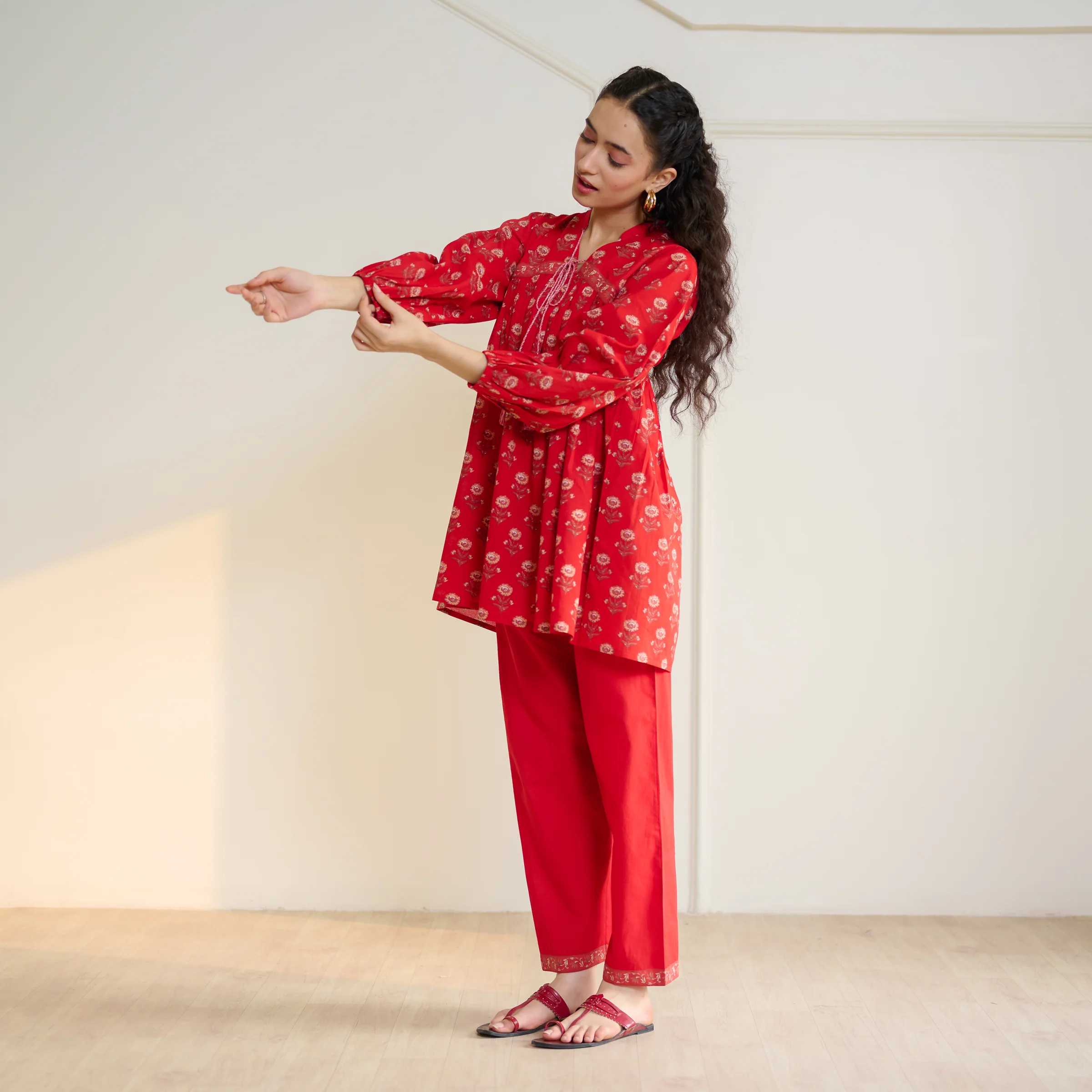 Blossom Sanganeri Inspired Co-ord Set with Tie-up Neckline - Cherry Red - Image 4