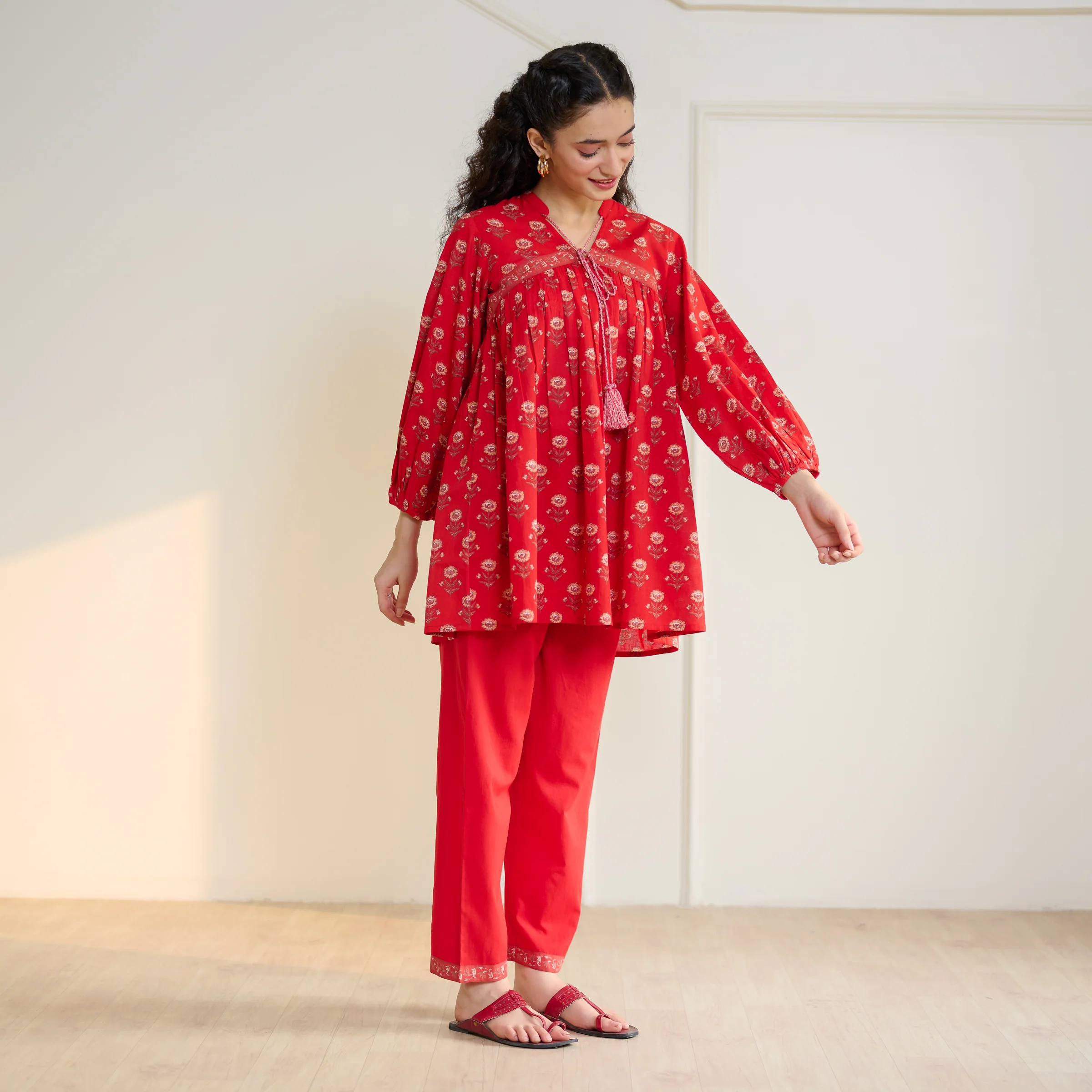 Blossom Sanganeri Inspired Co-ord Set with Tie-up Neckline - Cherry Red - Image 5