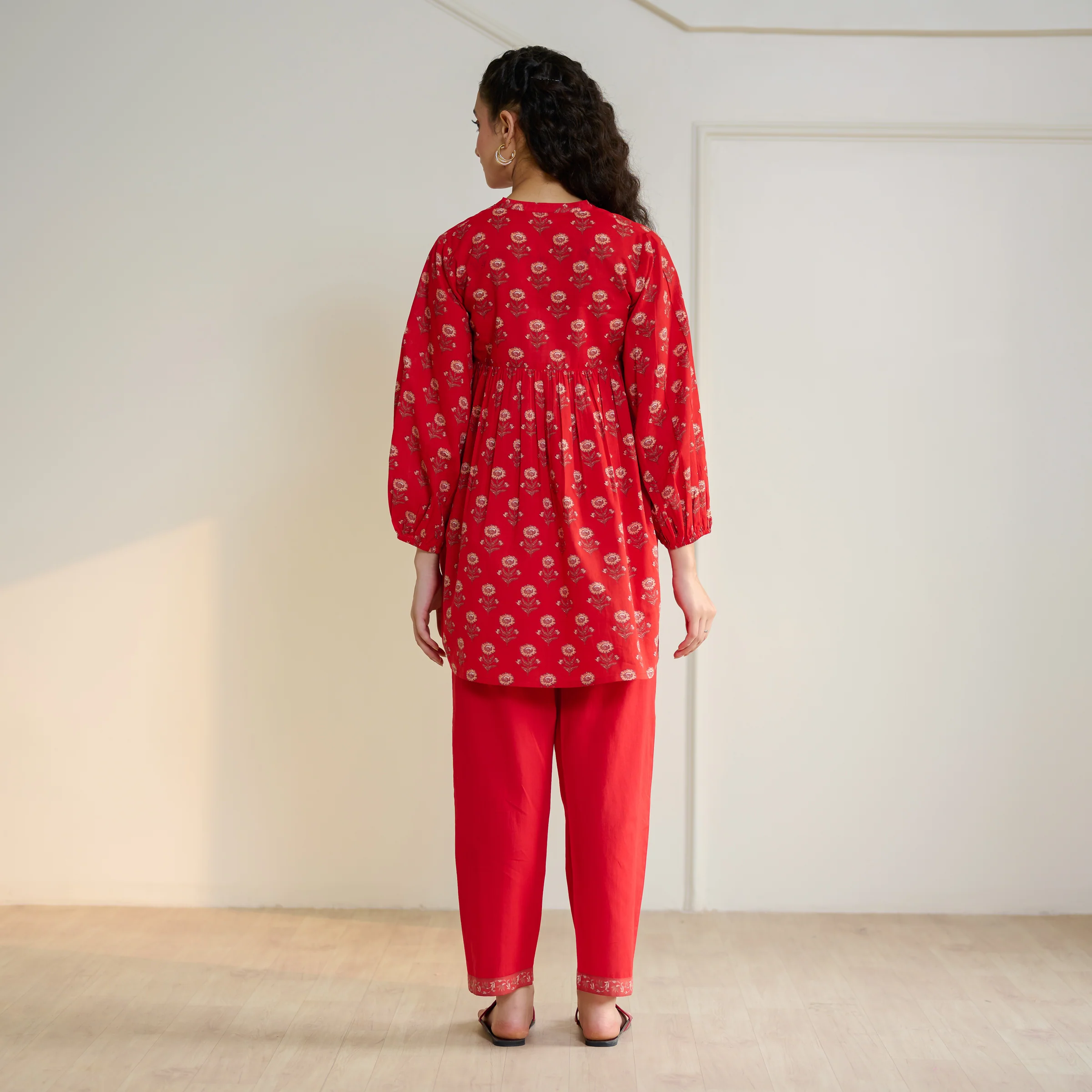 Blossom Sanganeri Inspired Co-ord Set with Tie-up Neckline - Cherry Red - Image 6