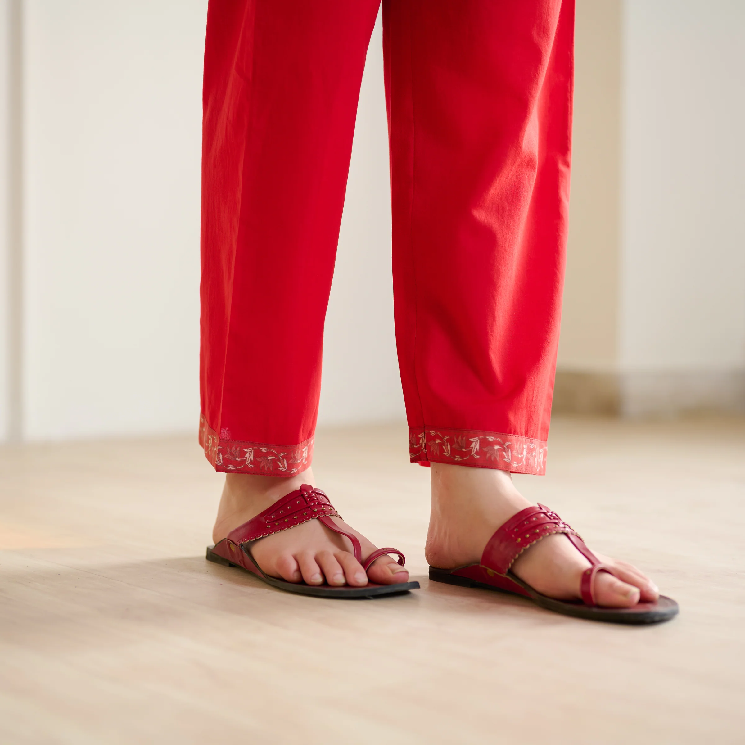 Blossom Sanganeri Inspired Co-ord Set with Tie-up Neckline - Cherry Red - Image 7