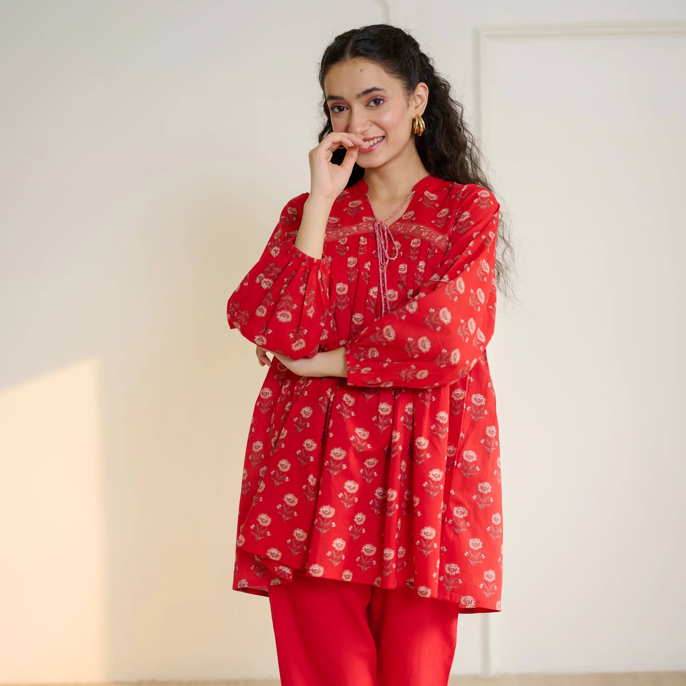Blossom Sanganeri Inspired Co-ord Set with Tie-up Neckline - Cherry Red - Image 8