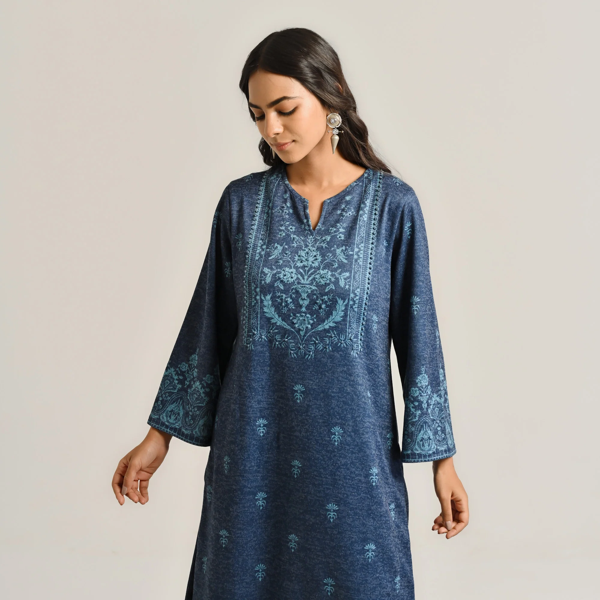 Blue Contemporary Embroidered Woollen Kurta