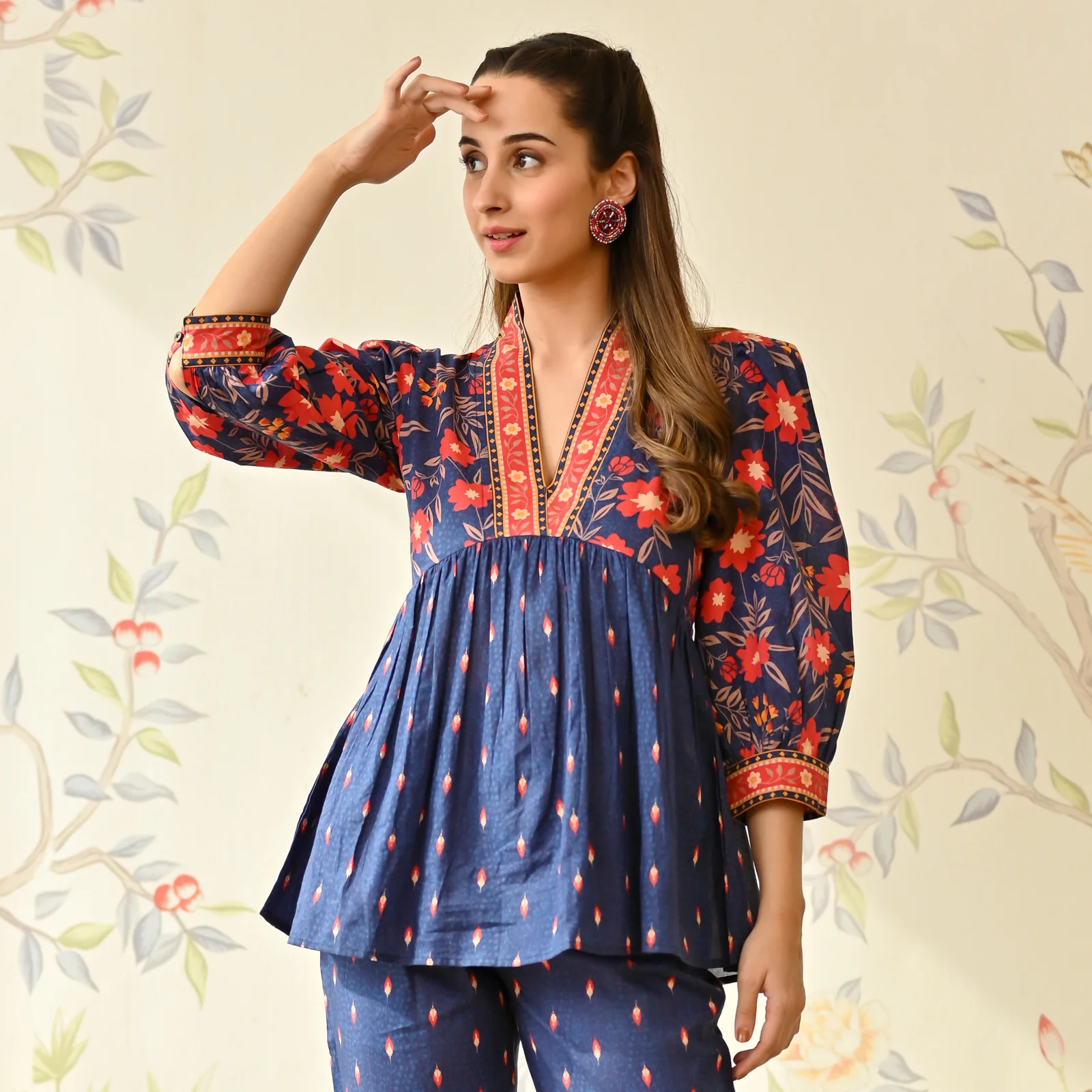 Blue Floral Printed Cotton Co-ord Set - Image 2