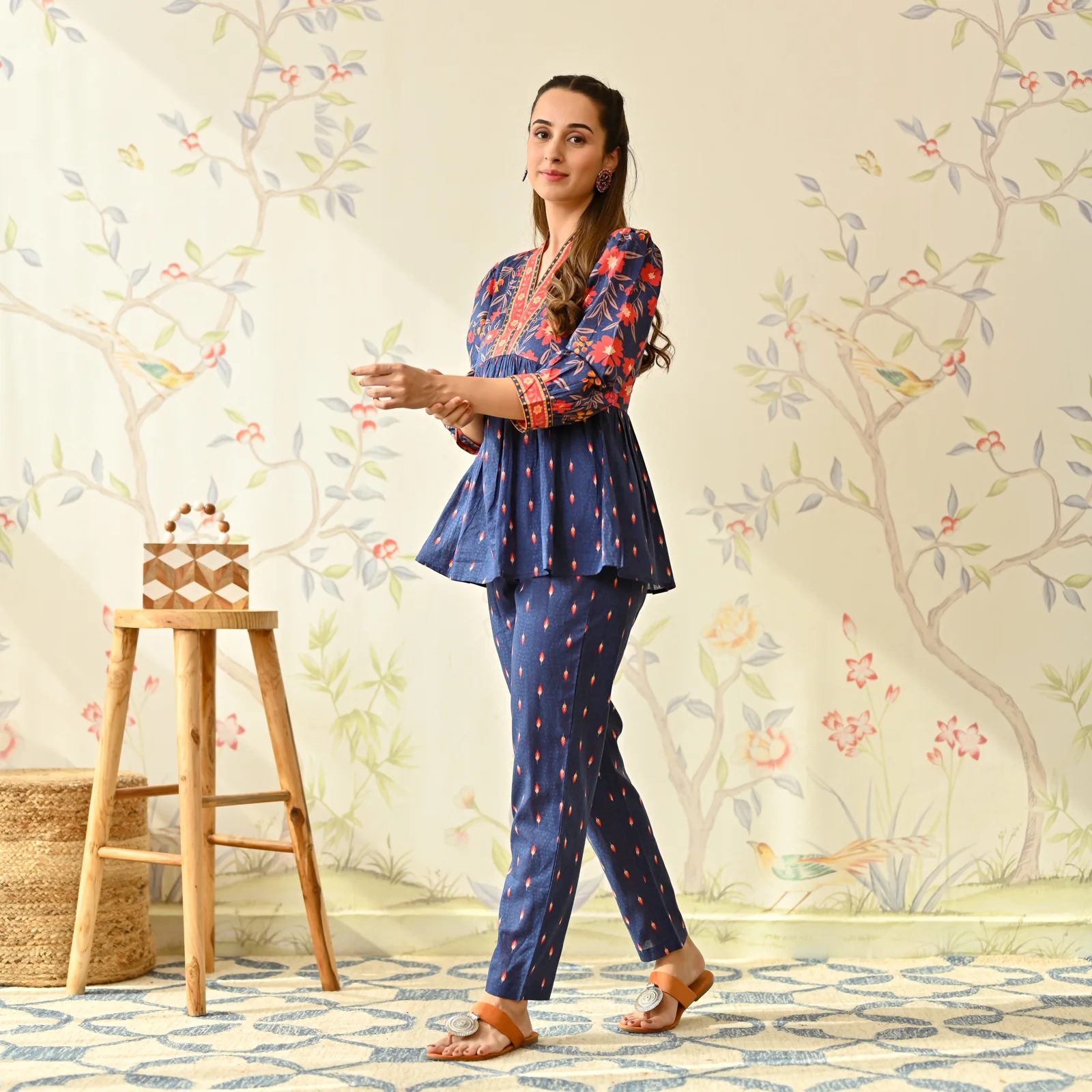 Blue Floral Printed Cotton Co-ord Set - Image 3