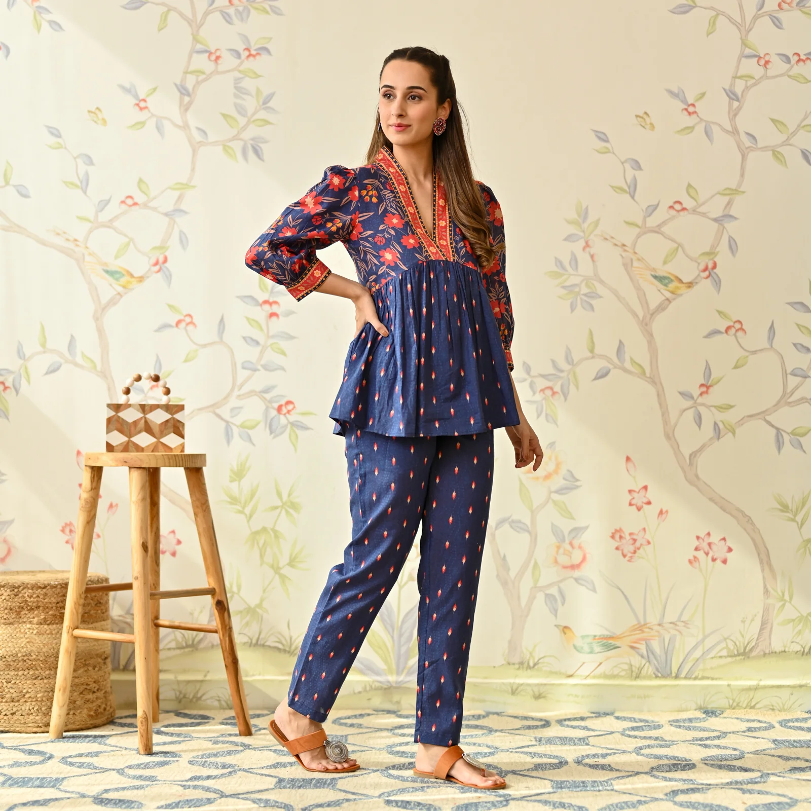 Blue Floral Printed Cotton Co-ord Set - Image 4