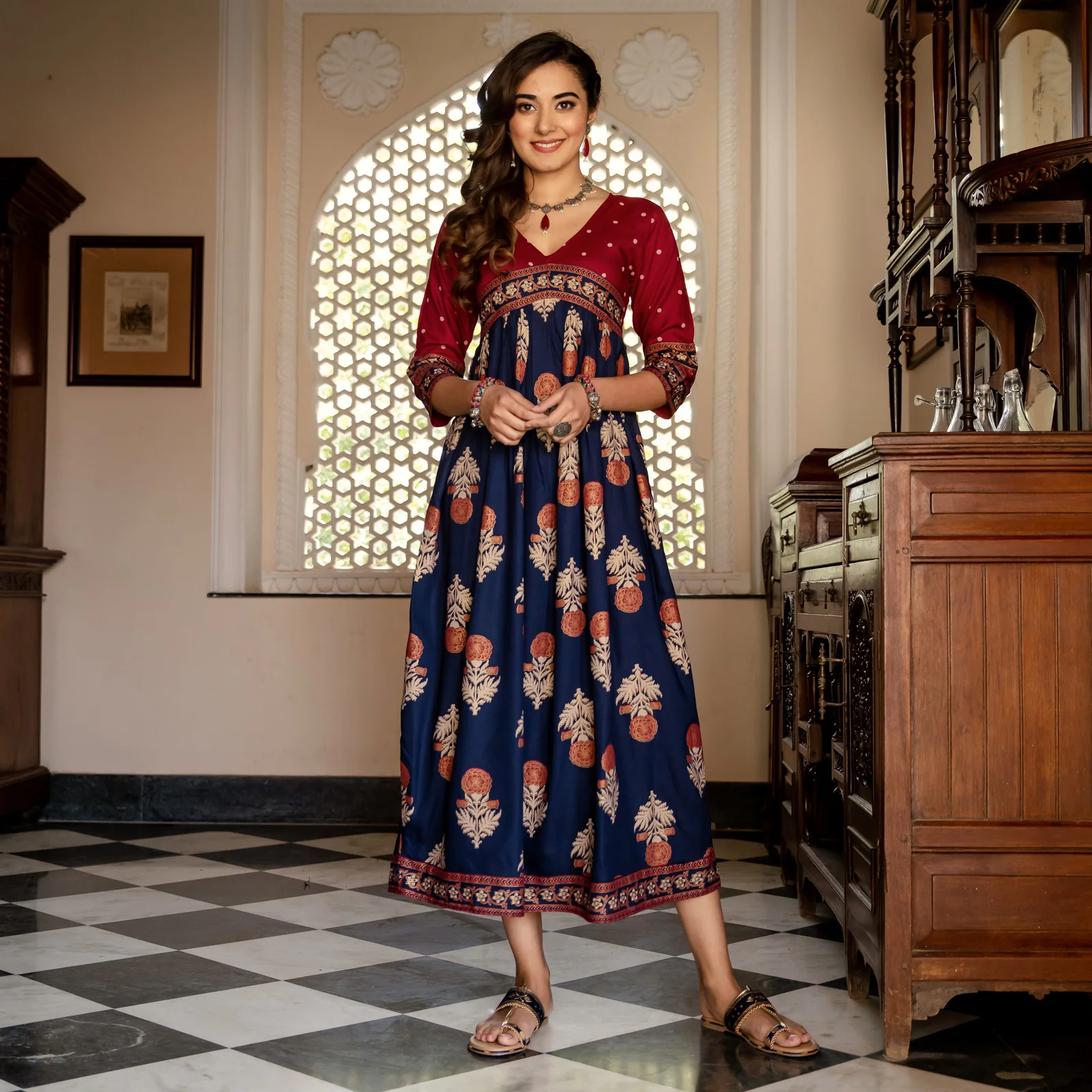 Blue & Maroon V Neck Alia Cut Dress with Gold Buta & Polka Prints - Image 10
