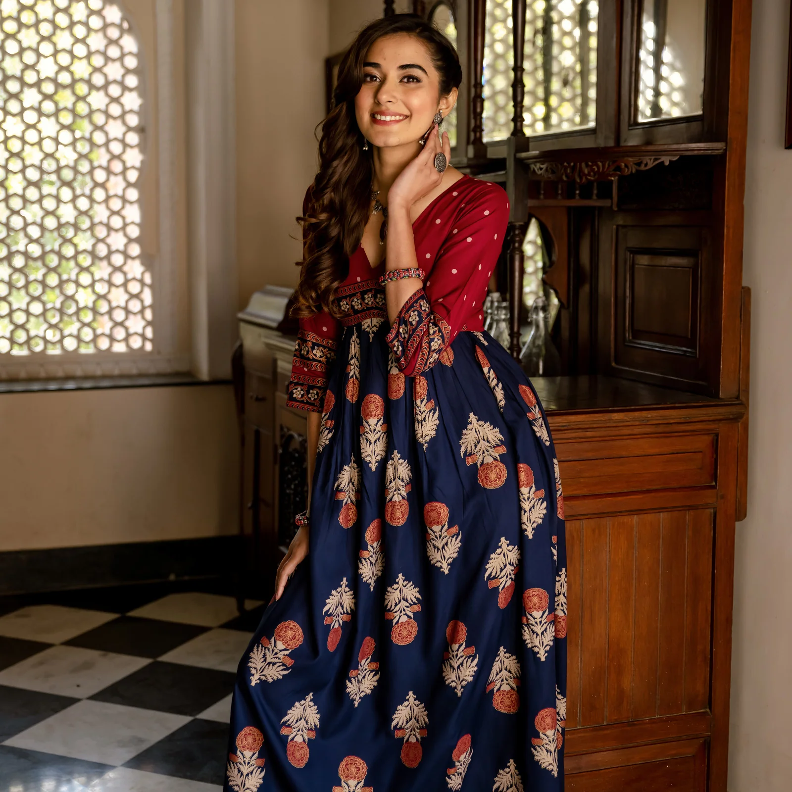 Blue & Maroon V Neck Alia Cut Dress with Gold Buta & Polka Prints - Image 11