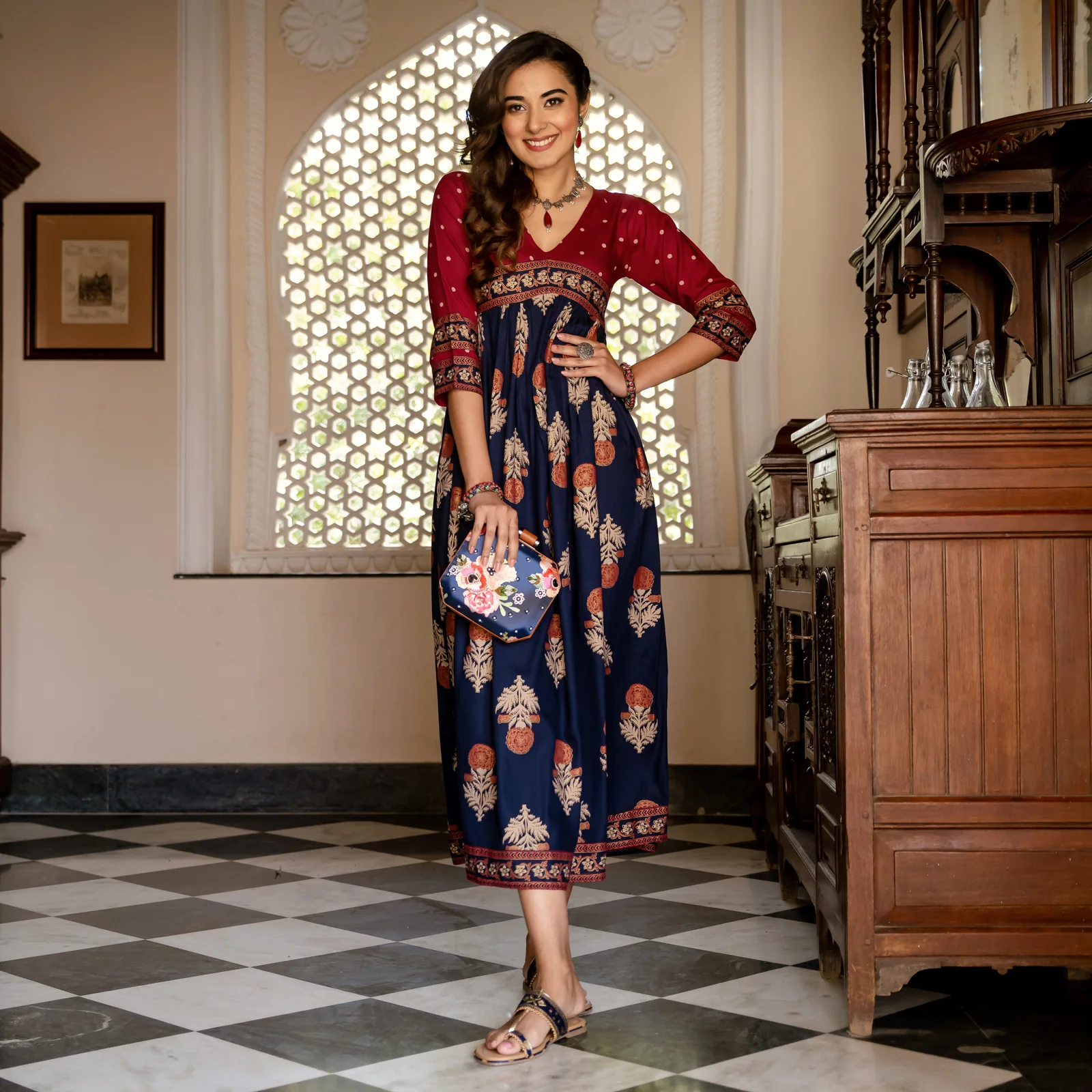 Blue & Maroon V Neck Alia Cut Dress with Gold Buta & Polka Prints - Image 12