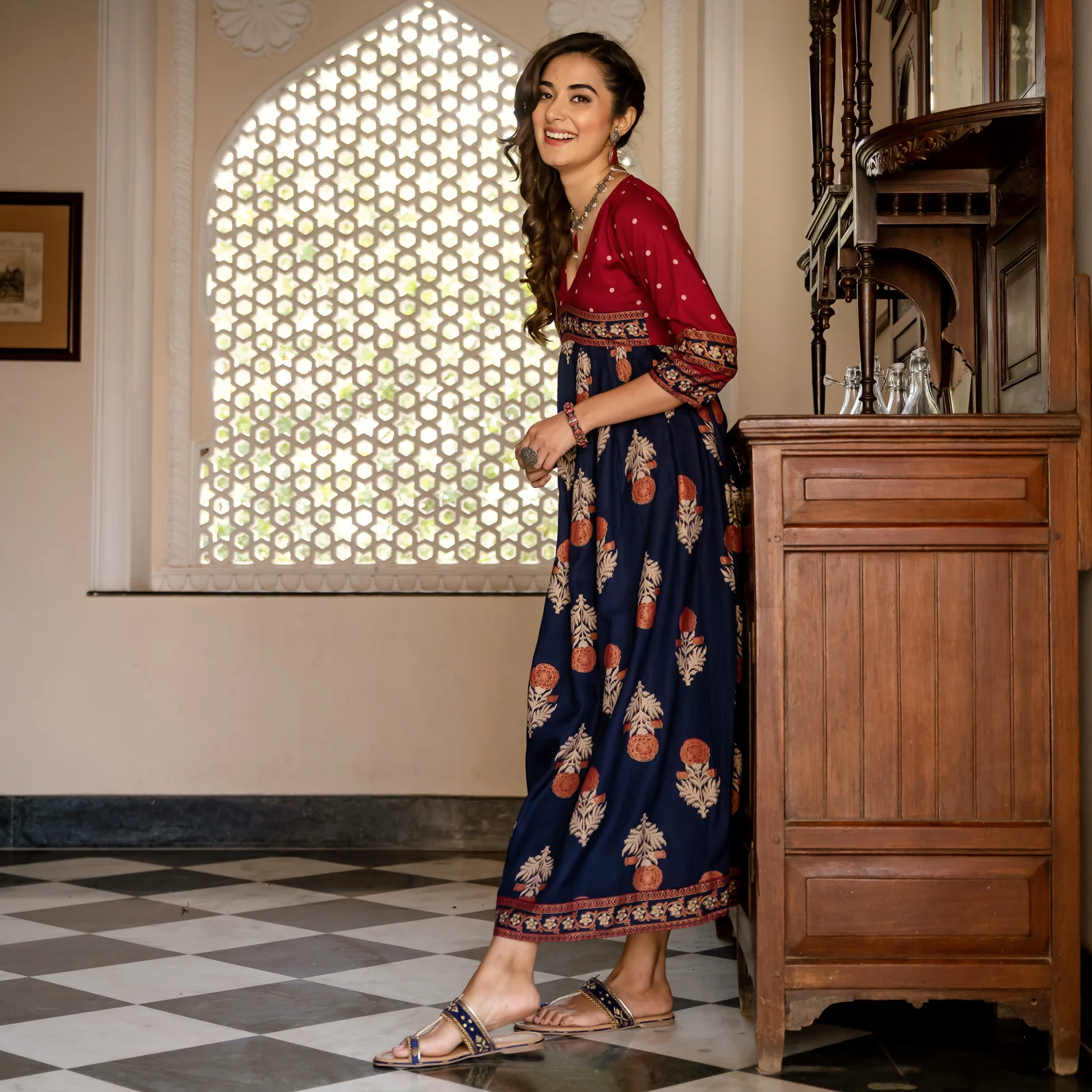 Blue & Maroon V Neck Alia Cut Dress with Gold Buta & Polka Prints - Image 13